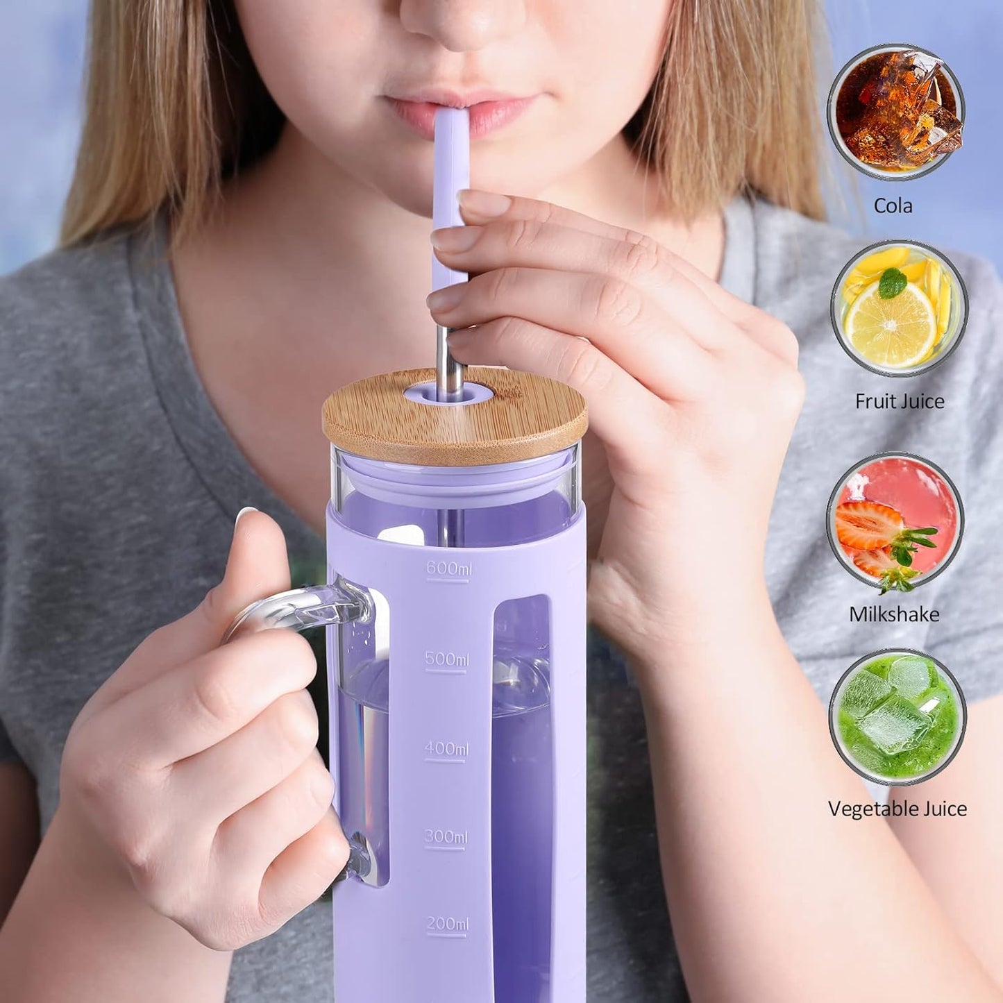 Kodrine Tumbler with Lid and Straw, 20 oz Glass Coffee Tumbler with Handle, Smoothie Cup with Bamboo Lid | Time Marker | Silicone Protective Sleeve, BPA Free - Purple