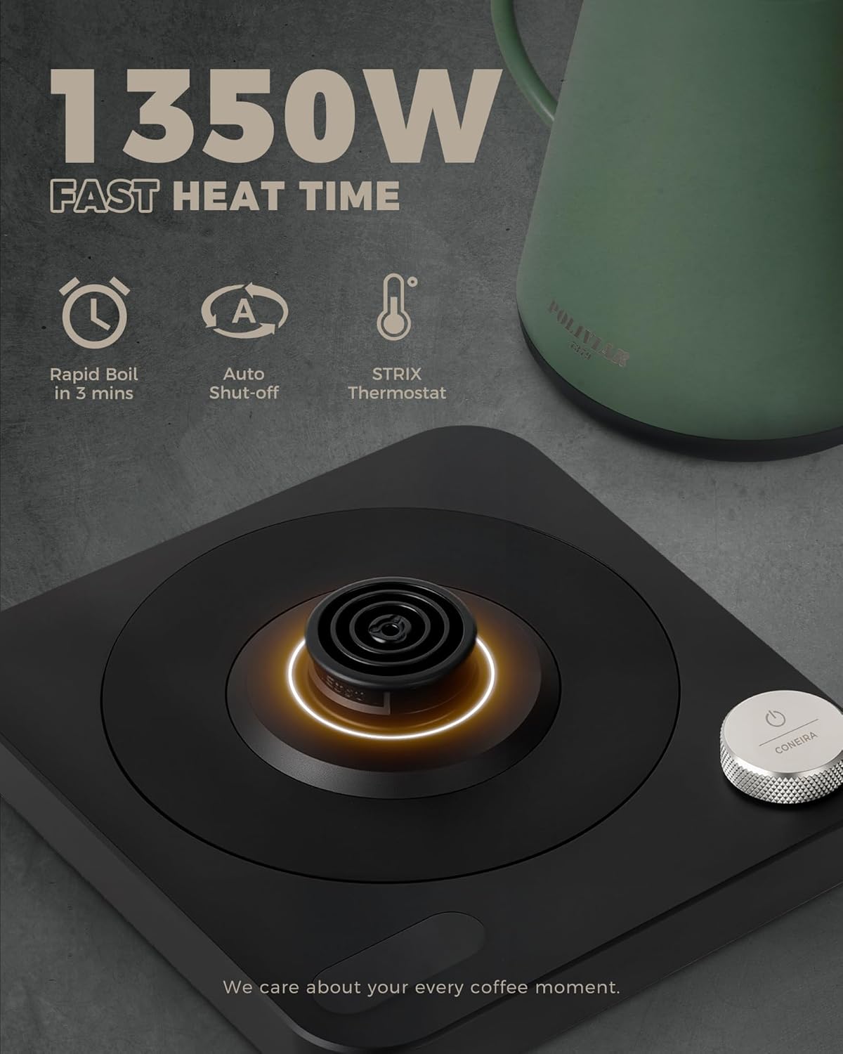 POLIVIAR Electric Gooseneck Kettle, 1350W Electric Tea Kettle Wood Pattern Handle, 34oz Pour Over Electric Kettle for Coffee & Tea, 18/8 Stainless Steel Inner, Temperature Control & Rapid Heating