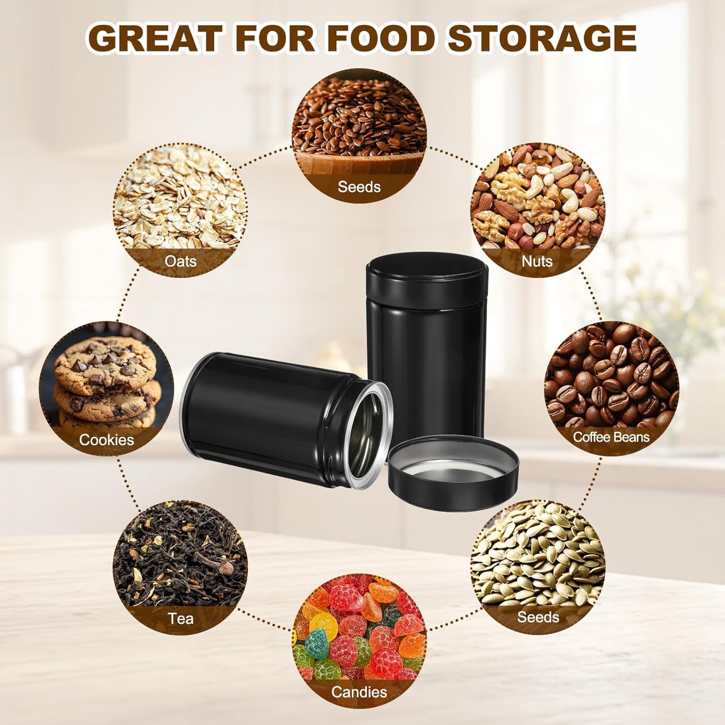 uxcell 2Pcs Round Tea Canisters, 5" x 3" Airtight Metal Tea Containers for Loose Tea, Coffee Beans, Spices - Durable, Compact, and Stylish Storage Tea Tin (Black)
