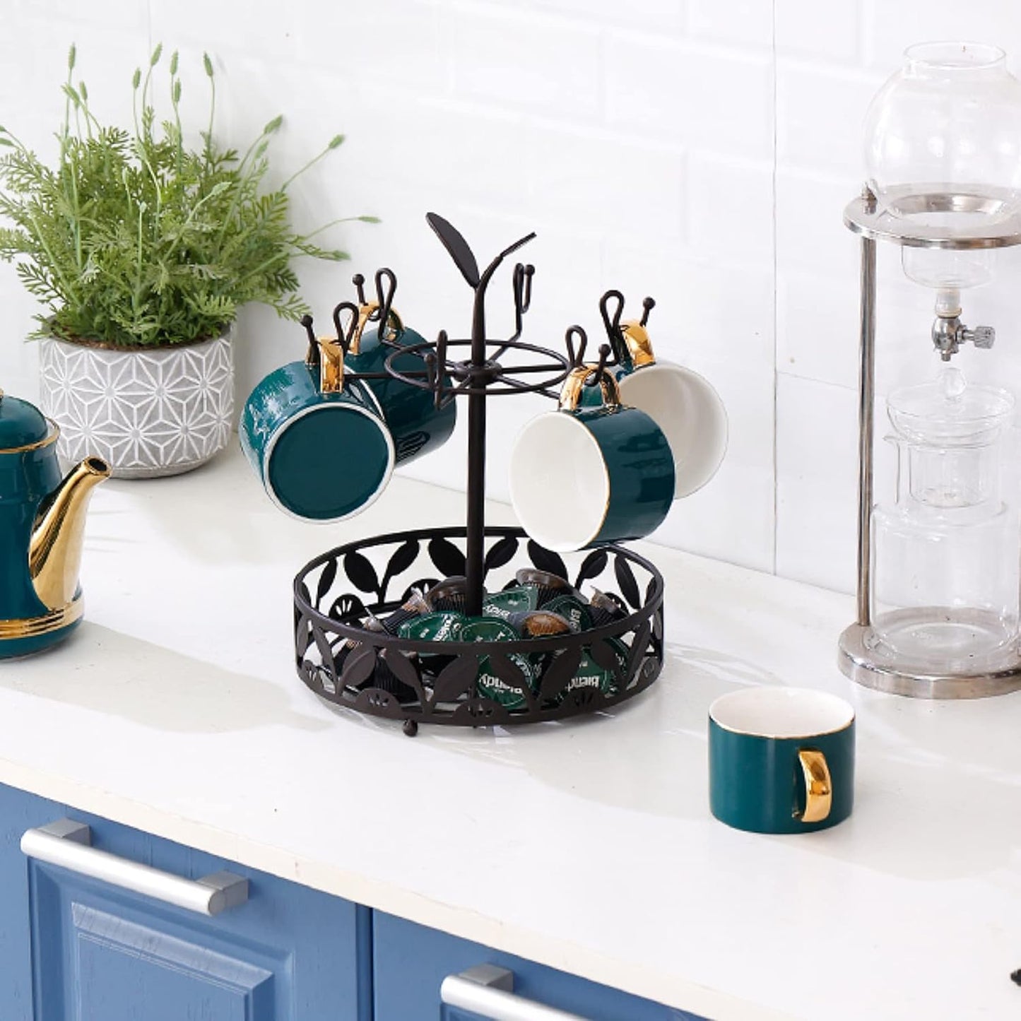 Coffee Mug Holder with Coffee Pod Basket Storage, Rotatable 6-capacity Cup Mug Holder Tree, Coffee Counter Bar Accessory & Kitchen Organizer