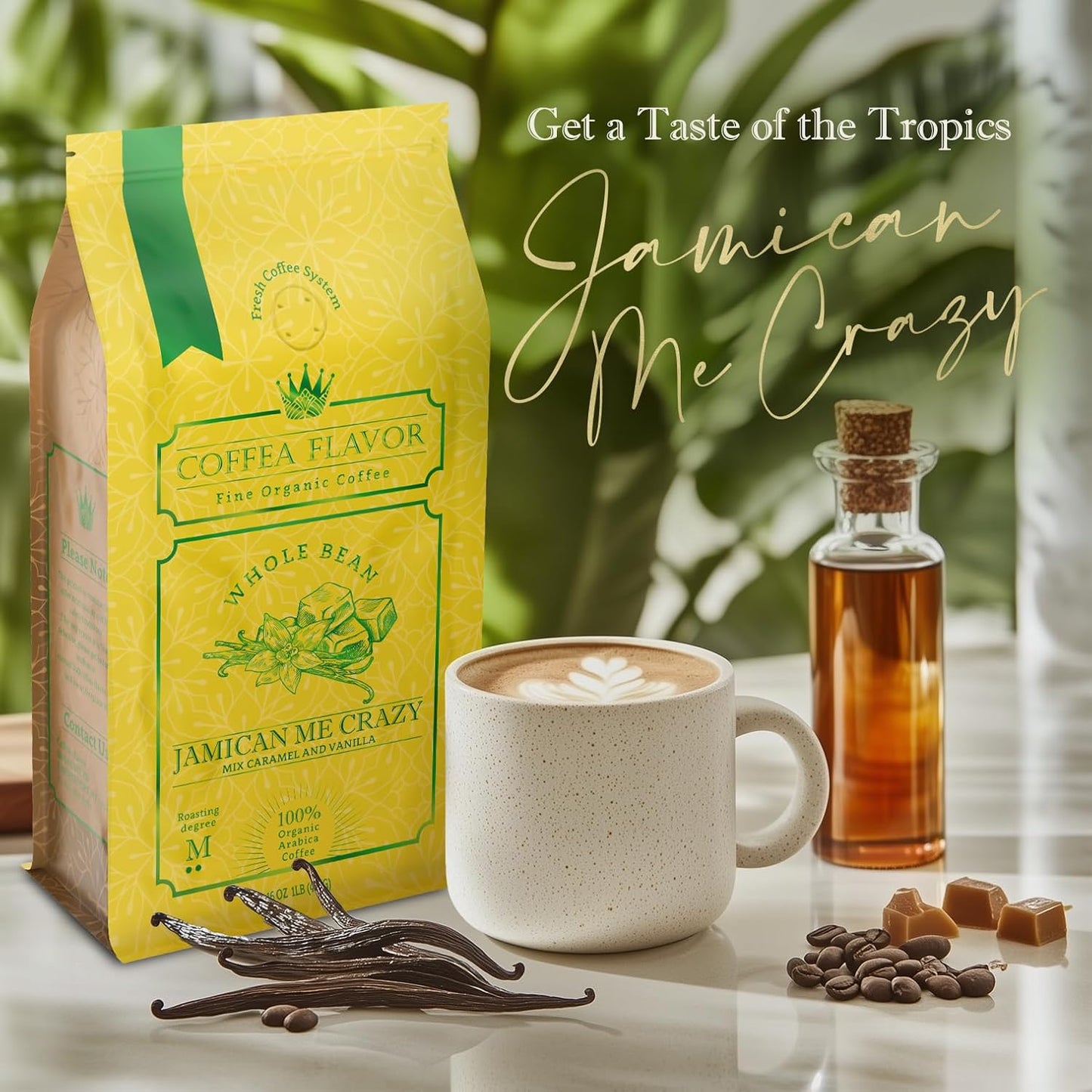 Jamaican Me Crazy Whole Bean Coffee – 100% Arabica, Single Origin, Medium Roast, Naturally Sweetened, Caramel and Vanilla Flavored – Perfect for Cold Brew – by Coffea Flavor