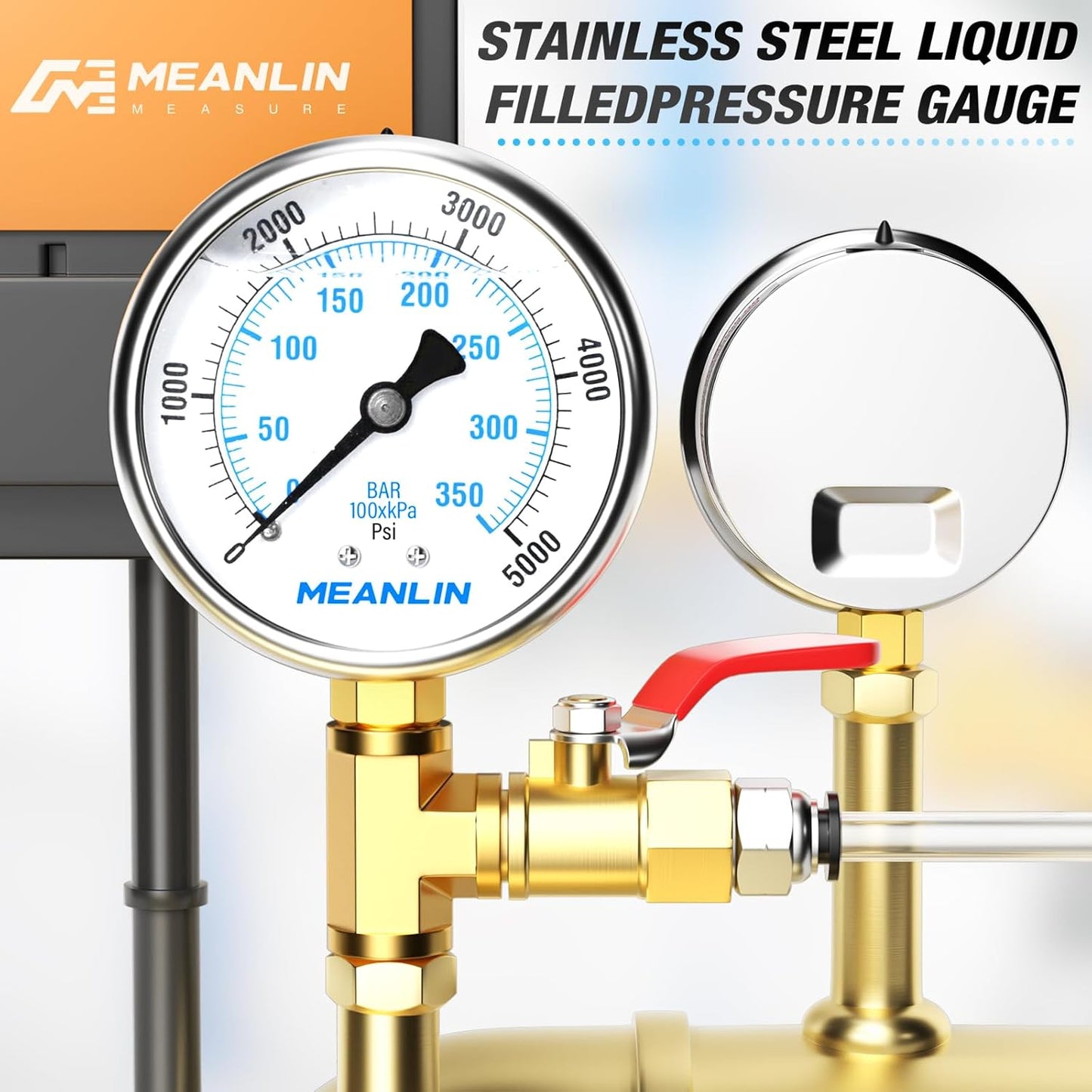 MEANLIN MEASURE 0~5000Psi Liquid Filled Pressure Gauge 1/4" NPT 2.5" FACE DIAL Stainless Steel Glycerin Filled WOG Water Oil Air Lower Mount (with 2PCS Snaps)