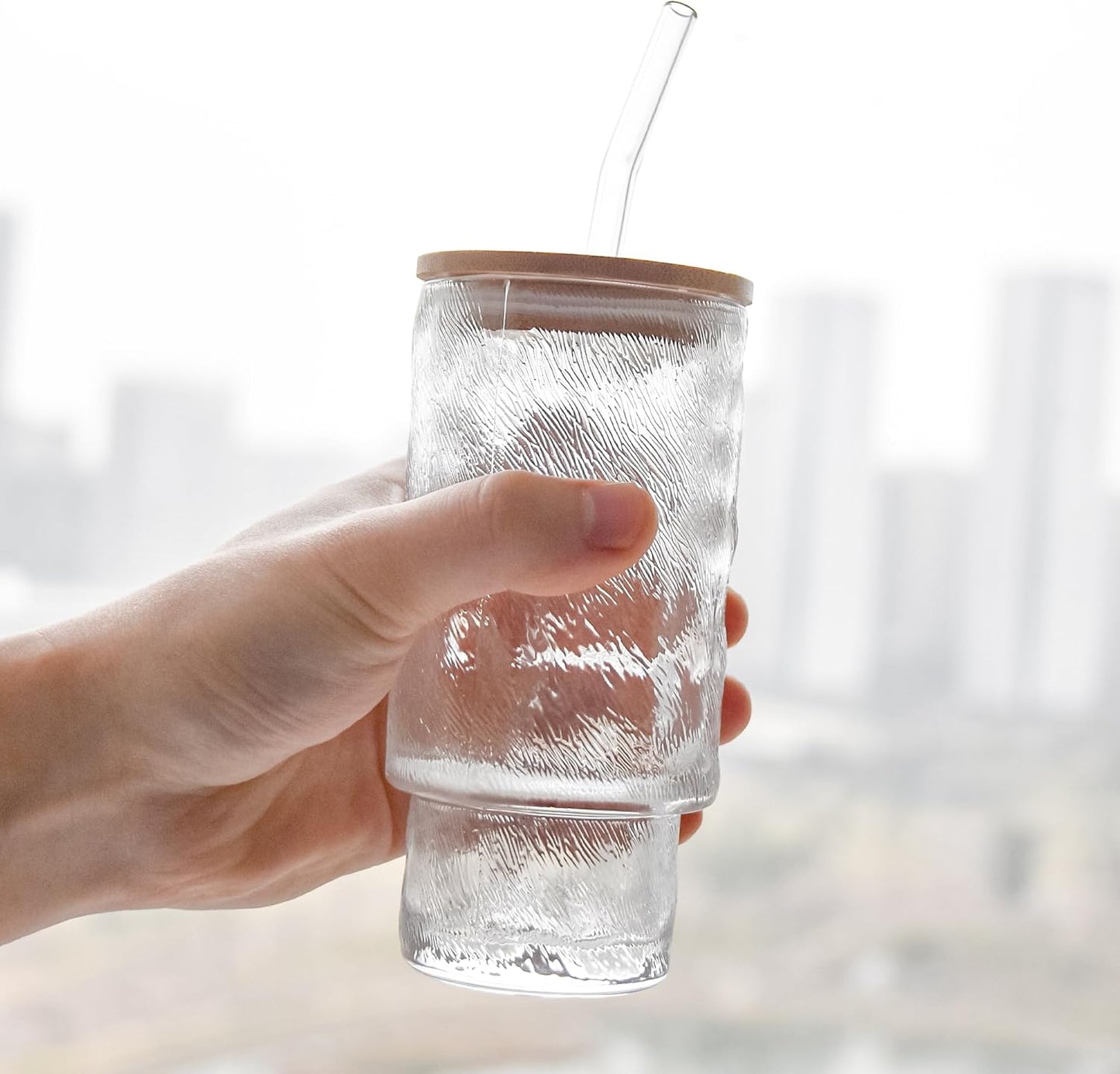 4 Pcs 11 oz Drinking Glasses Cups Set with Bamboo Lids Straws Brush Small Glassware Set for Mojito Iced Coffee Cocktail Whiskey(4 Mixed Pattern)