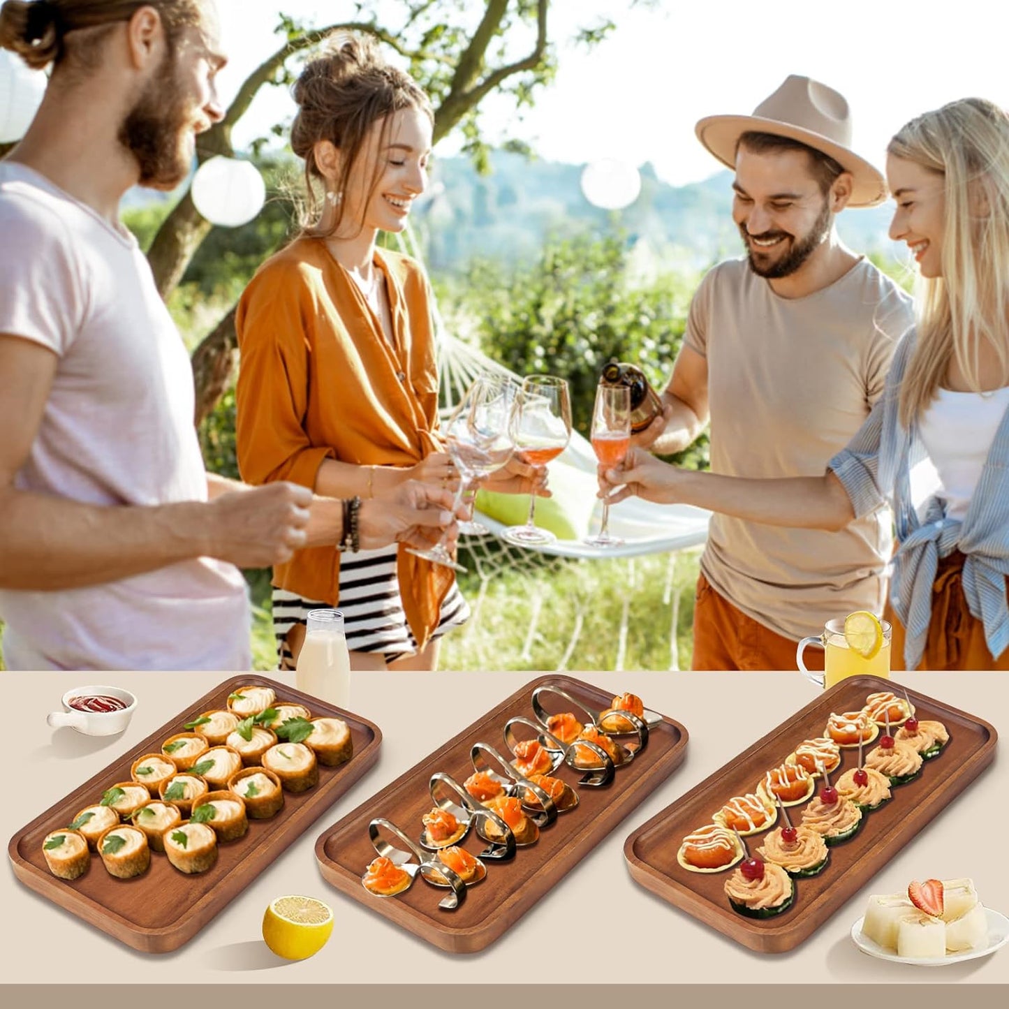 Small Wooden Serving Platters Acacia Charcuterie Boards Rectangle Wood Tray Home Decor Serving Cheese Board Appetizer Snack Plates Kitchen Dinner Platter for Food Dish Rectangular Cake Dessert Trays