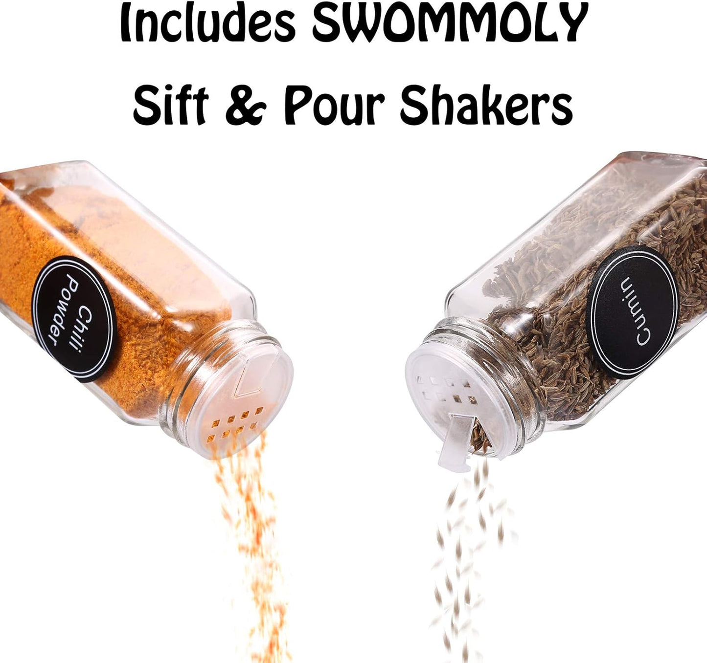 SWOMMOLY 48 Glass Spice Jars with 713 Spice Labels, Chalk Marker and Funnel Complete Set. 48 Square Glass Jars 4OZ, Airtight Cap, Pour/sift Shaker Lid
