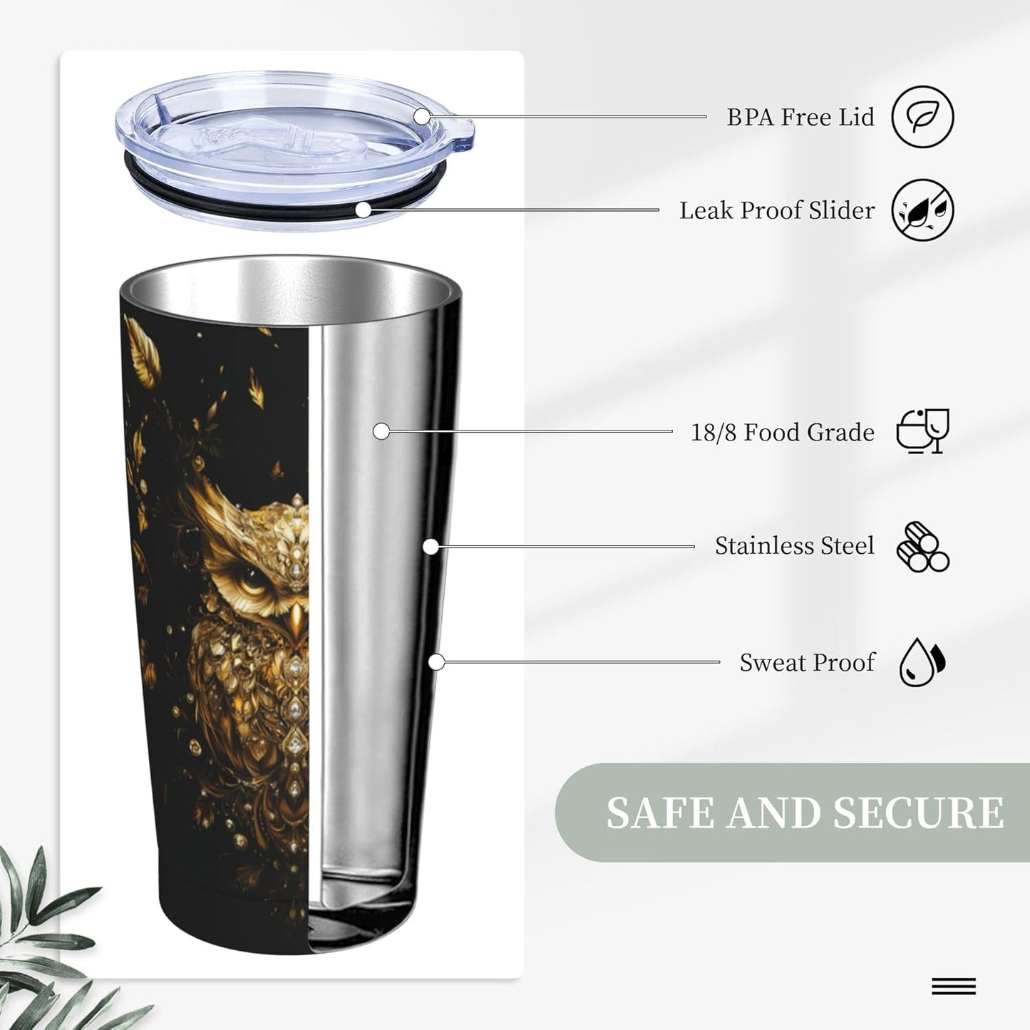 Owl Tumbler with Lid and Straw 20oz Coffee Tumblers Leakproof Stainless Steel Travel Mug Vacuum Insulated Cup for Iced and Hot