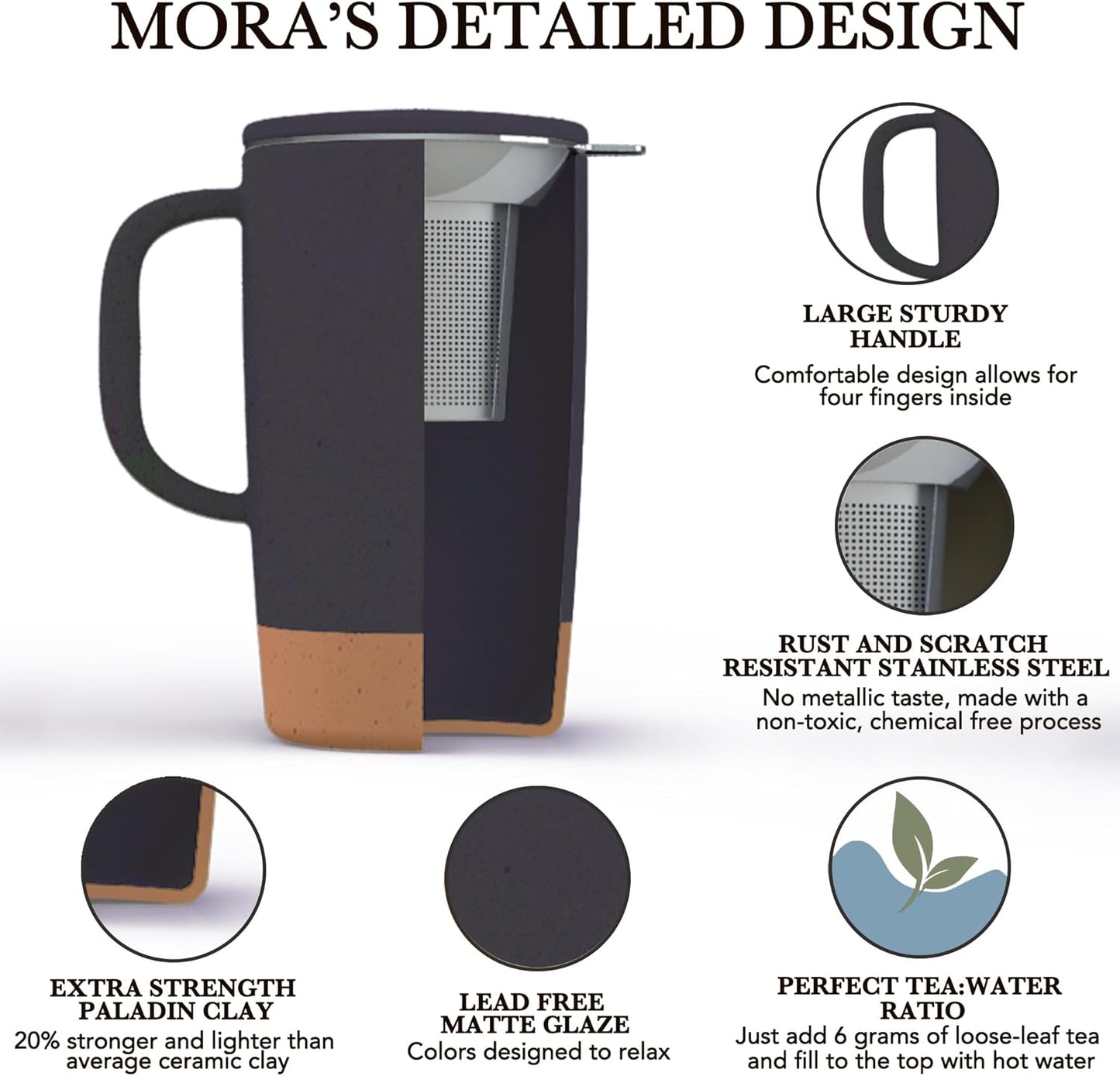 Mora Ceramics Large Tea Mug with Loose Leaf Infuser and Ceramic Lid, 18 oz, Portable, Microwave, Dishwasher Safe, Tall Coffee Cup - Rustic Matte Ceramic Glaze, Modern Herbal Tea Strainer, Nightwaves