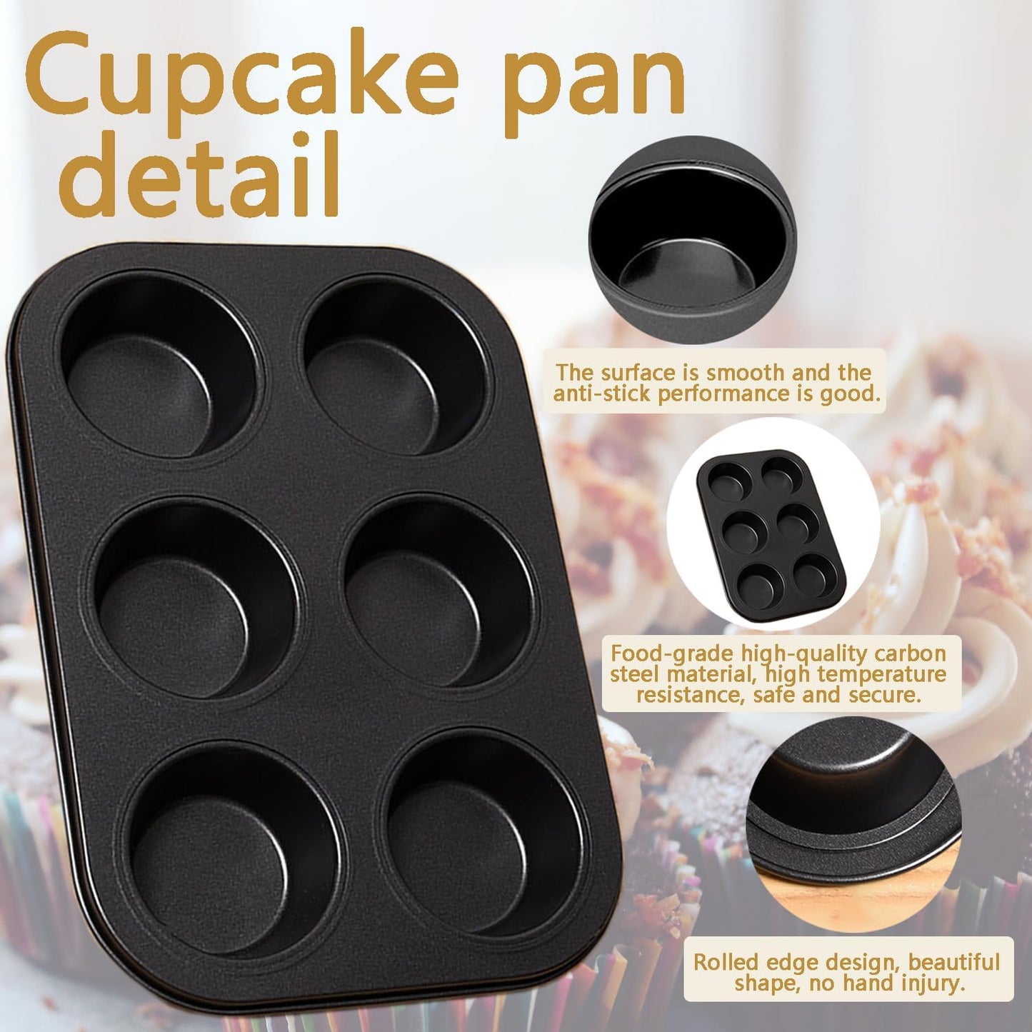 2Pcs Non-Stick 6-Cup Muffin Pan for Baking, Carbon Steel Cupcake Baking Tray, Stackable Cupcake Molds, Dishwasher Safe - 10.4 x 7.3 x 1.1 Inches (Black)