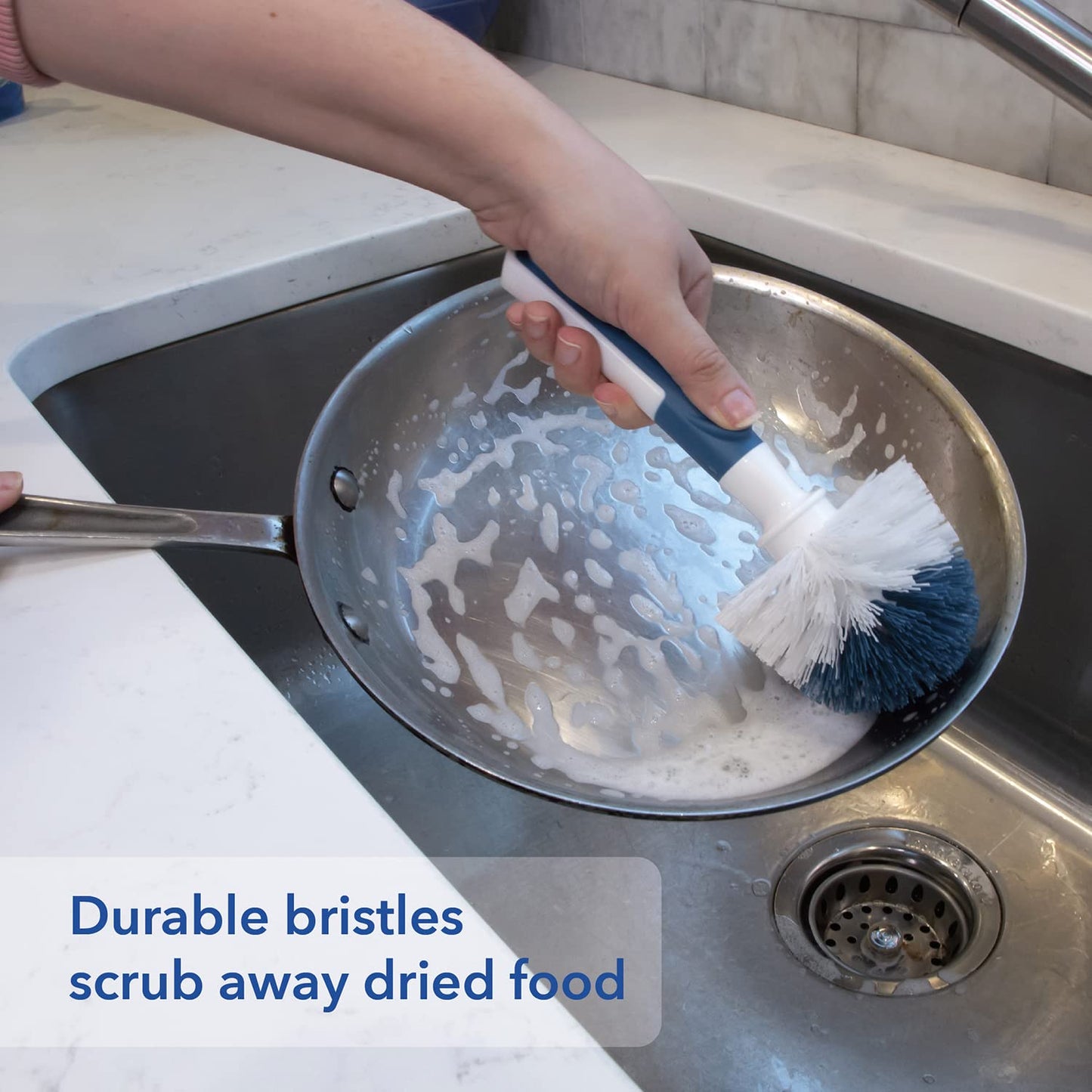 Unger Sink and Dish Scrub Brush, Kitchen Washing Scrubber for Hard-to-Reach Corners, Small Cleaning Supplies, Non-Scratch Bristles, Glassware, Pots, Pans, Tumblers, Drains, and Disposals