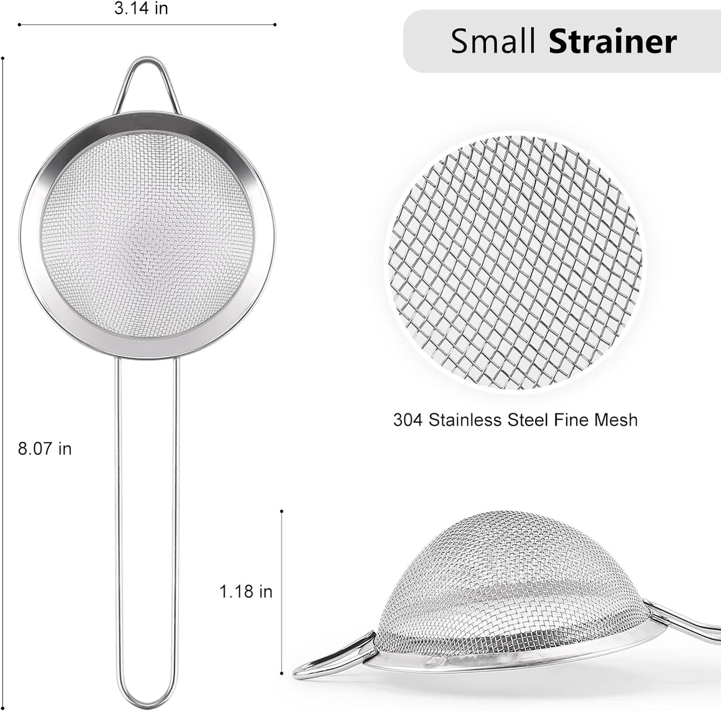 D Fine Mesh Strainer, Stainless Steel Sieve Sifter with Handle, Small Metal Strainer for Loose Tea, Juice, Drink, Herbs, Mini Sifter for Flour, Matcha, Kitchen, Baking, 3-Inch (8x3, Silver)