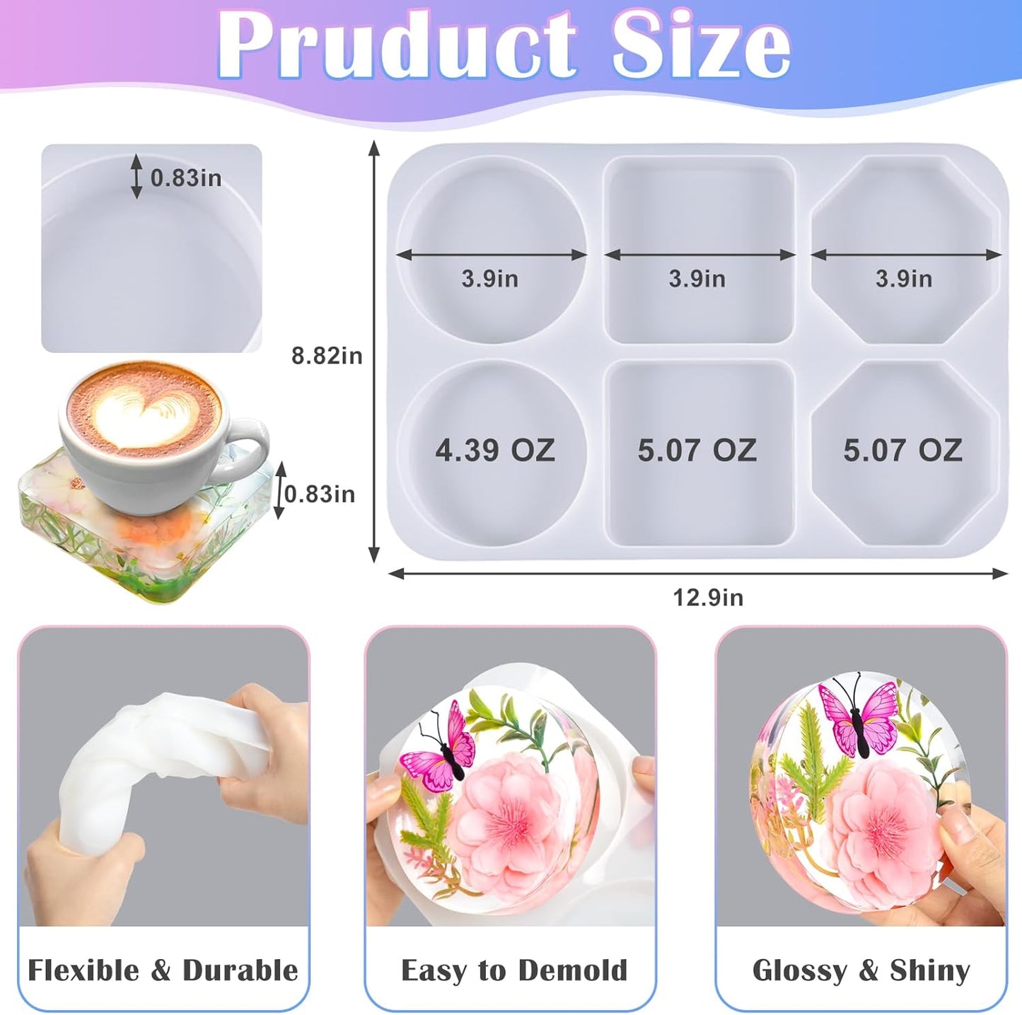 Deep Coaster Resin Molds Silicone Octagon Round Square Silicone Molds for Resin Epoxy Resin Casting Craft Mold for Flower Preservation DIY Art