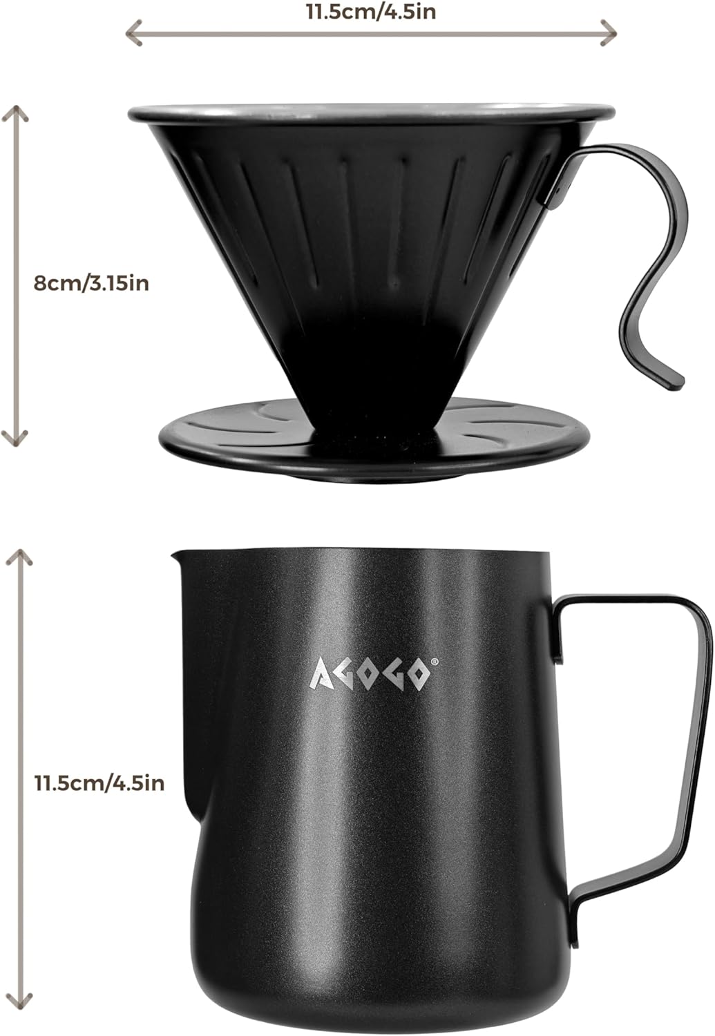 AGOGO Camping Pour Over Coffeemaker Set with Paper Filter Stainless Steel (Black, 600ml)