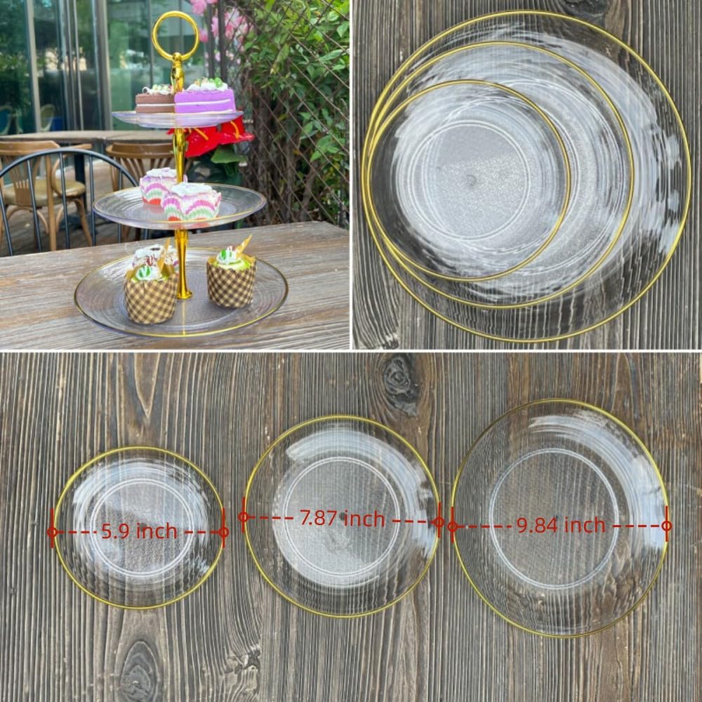 2 Pack of Dessert Cupcake Stand with Gold Trim, 3 Tier Cup Cake Holder Tower for Tea Party, Birthday, Wedding, Plastic Tiered Serving Tray, Clear