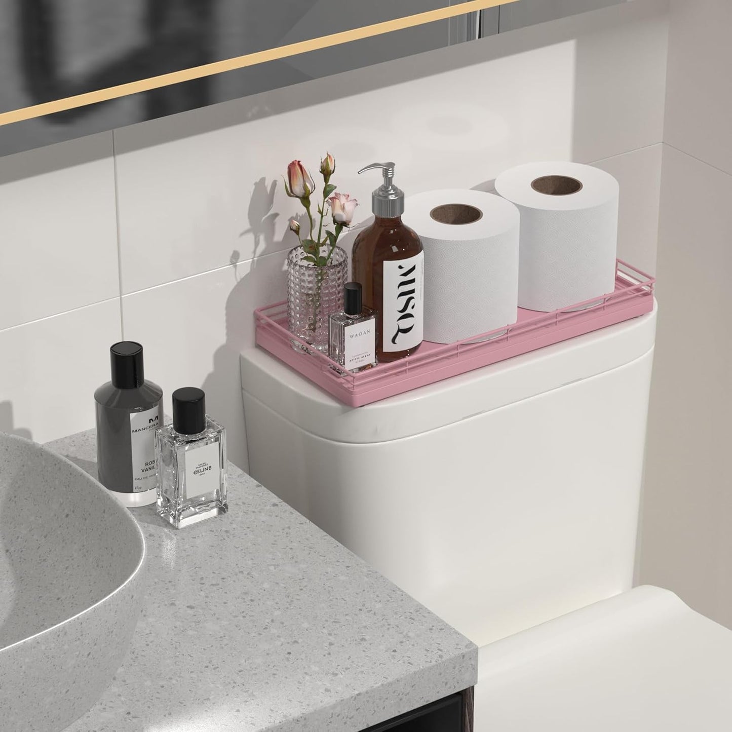 Oak Bathroom Toilet Tank Tray, 13" Wood Storage Basket, Back of Toilet Basket Organizer for Perfume Makeup Candle Kitchen Counter Coffee Table Pink Decor