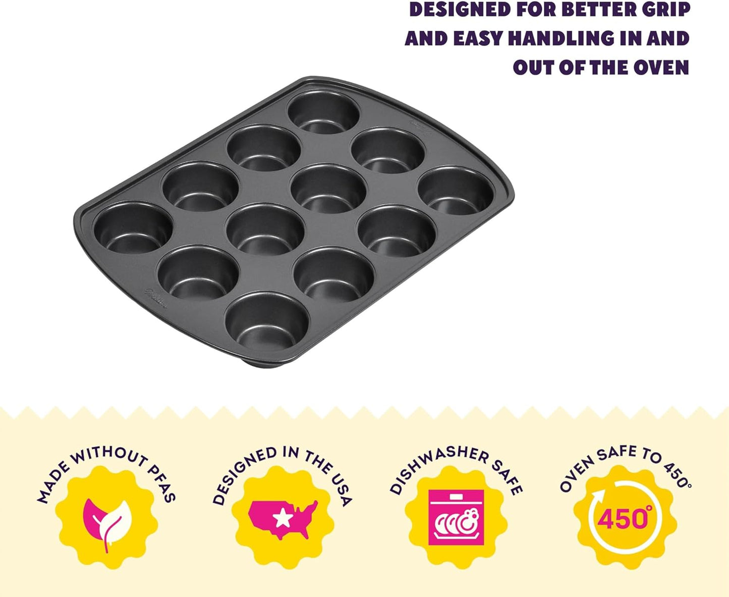 Wilton Gold Premium Non-Stick Warp-Resistant Bakeware, Made without PFAs, Muffin Pan, 12-cup, 10.5 x 15 x 1.4 in, Packaging May Vary