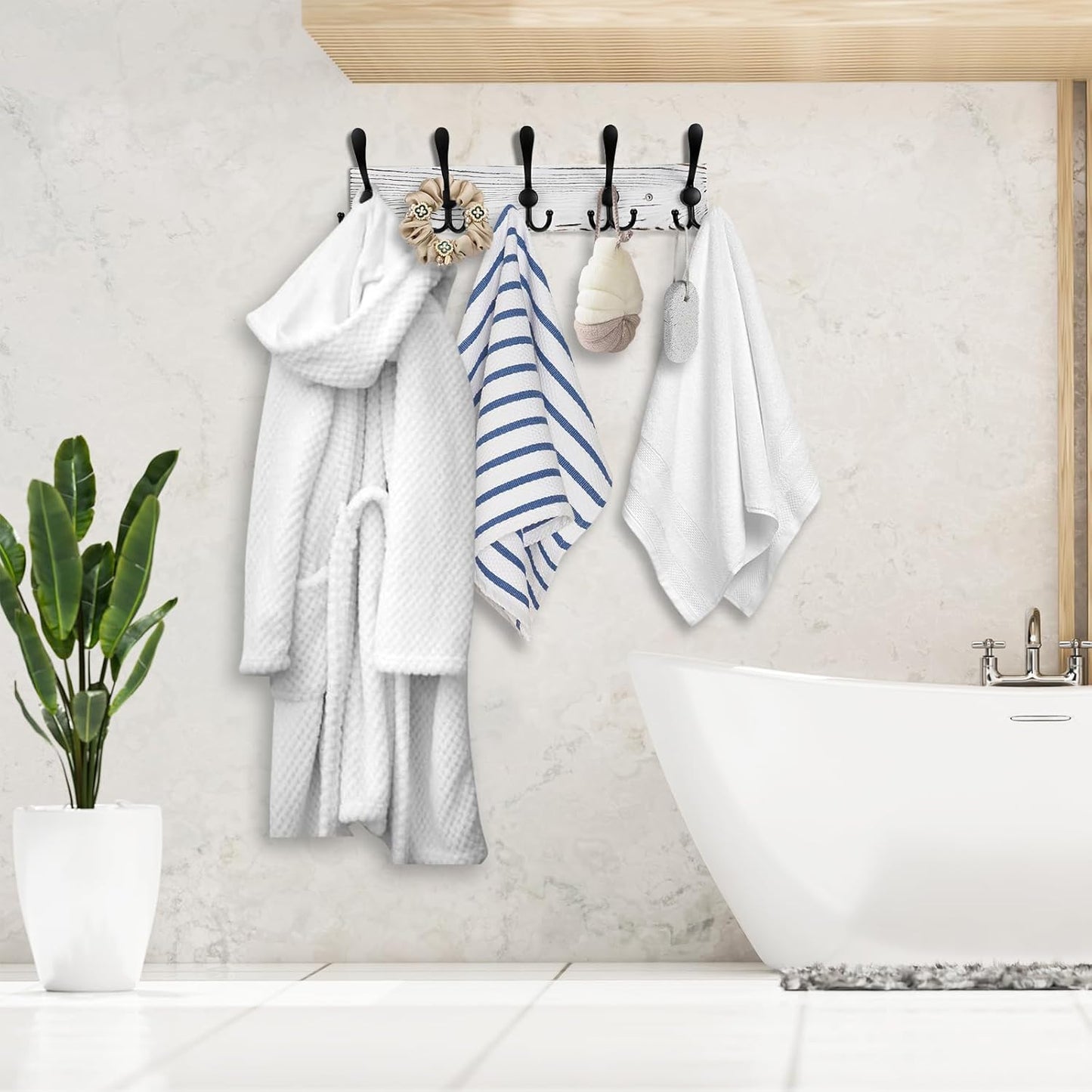 2pcs Coat Rack Wall Mount Wooden Hat Rack for Wall Hooks Pine Real Wood Plank 16.9" Old White Coat Hanger with 5 Black Triple Hooks for Hanging Coat Hat Jacket