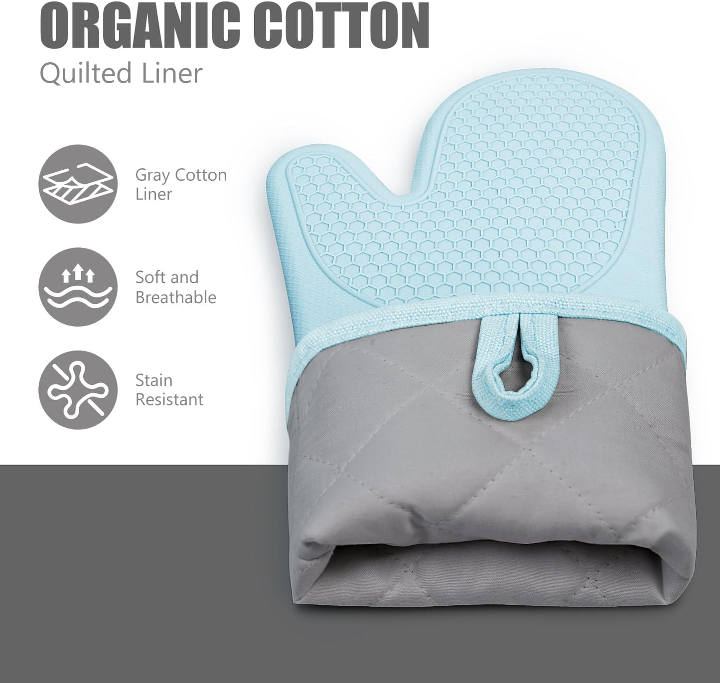 Rorecay 6pcs Oven Mitts and Pot Holders Sets, Extra Long Silicone Oven Gloves Heat Resistant 500 Degrees Non-Slip Potholders Hot Pads for Kitchen Baking Cooking, Quilted Liner, Winter Sky