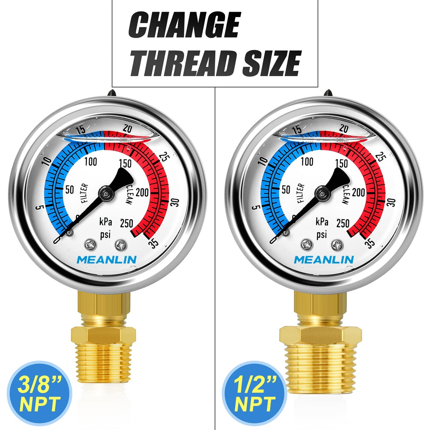 MEANLIN MEASURE 1/4" NPT 0-35psi Pressure Gauge, 2" Dial Glycerine Filled Pool Filter, 304 Stainless Steel Housing, Lower Mount, with 1/2" NPT and 3/8" NPT Hex Bushing