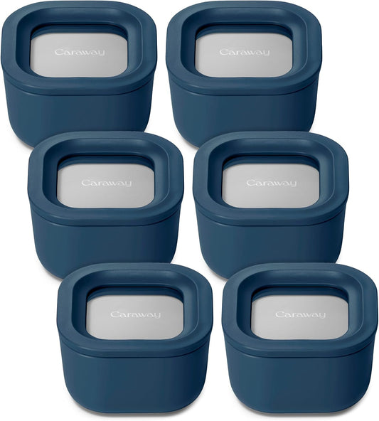Caraway 6pc Food Storage Container Set - 1.75 Cup Glass Storage Container for Food (6) - Non-Toxic Ceramic-Coated Glass - Air Release Technology - Compact & Stackable Design - Navy
