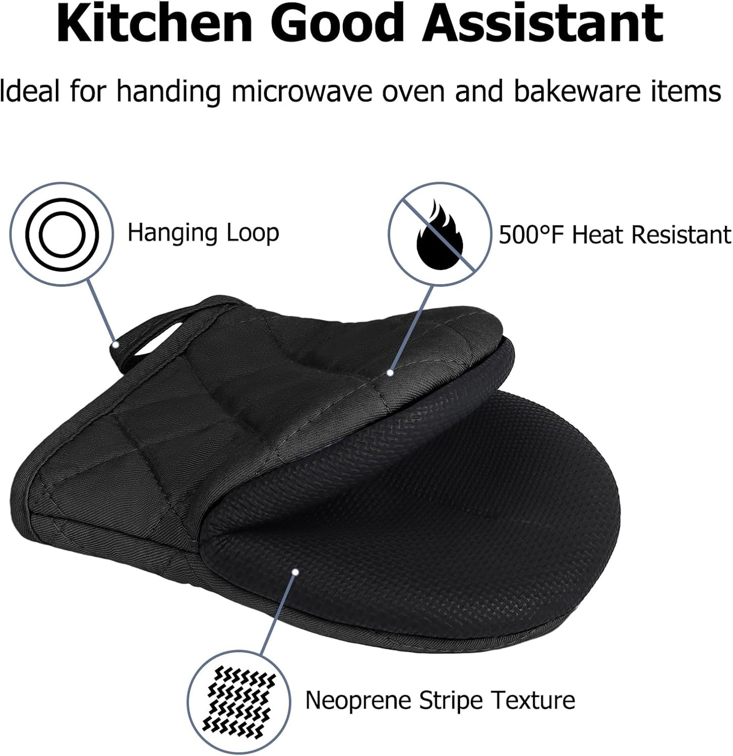 Oven Mitts and Pot Holders Set, Pack of 4, Heat Resistant Silicone Kitchen Mini Oven Mittens for 500 Degrees, Mini Oven Gloves and Hot Pads for Baking Grilling Barbecue Microwave Machine Washable