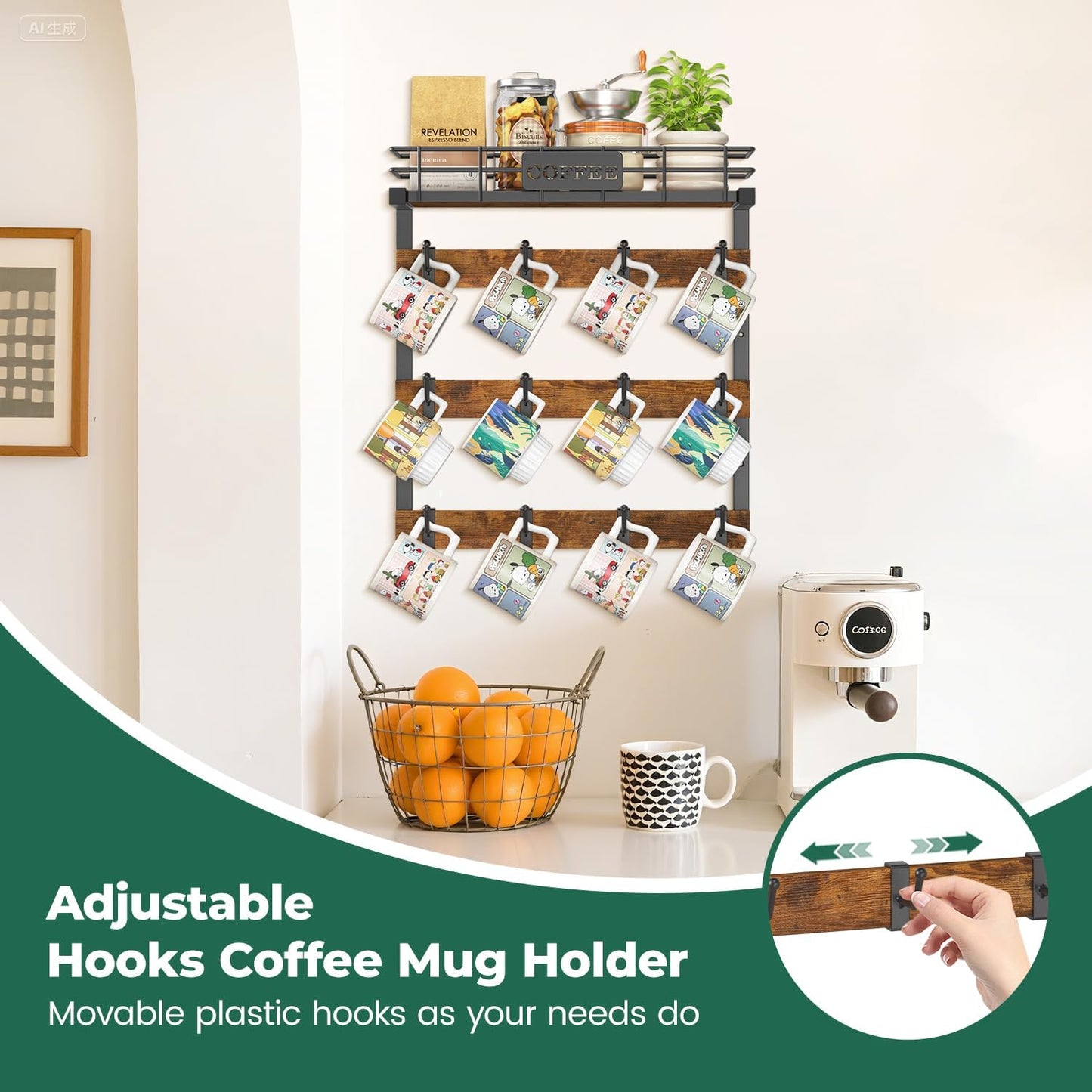 EsLuker.ly Coffee Mug Holder Wall Mounted Display Rack, Black Metal Cup Hanger Organizer with 12 Movable Plastic Hooks, Wood Rustic Shelf for Coffee Bar Home Kitchen, Thoughtful Wall Storage