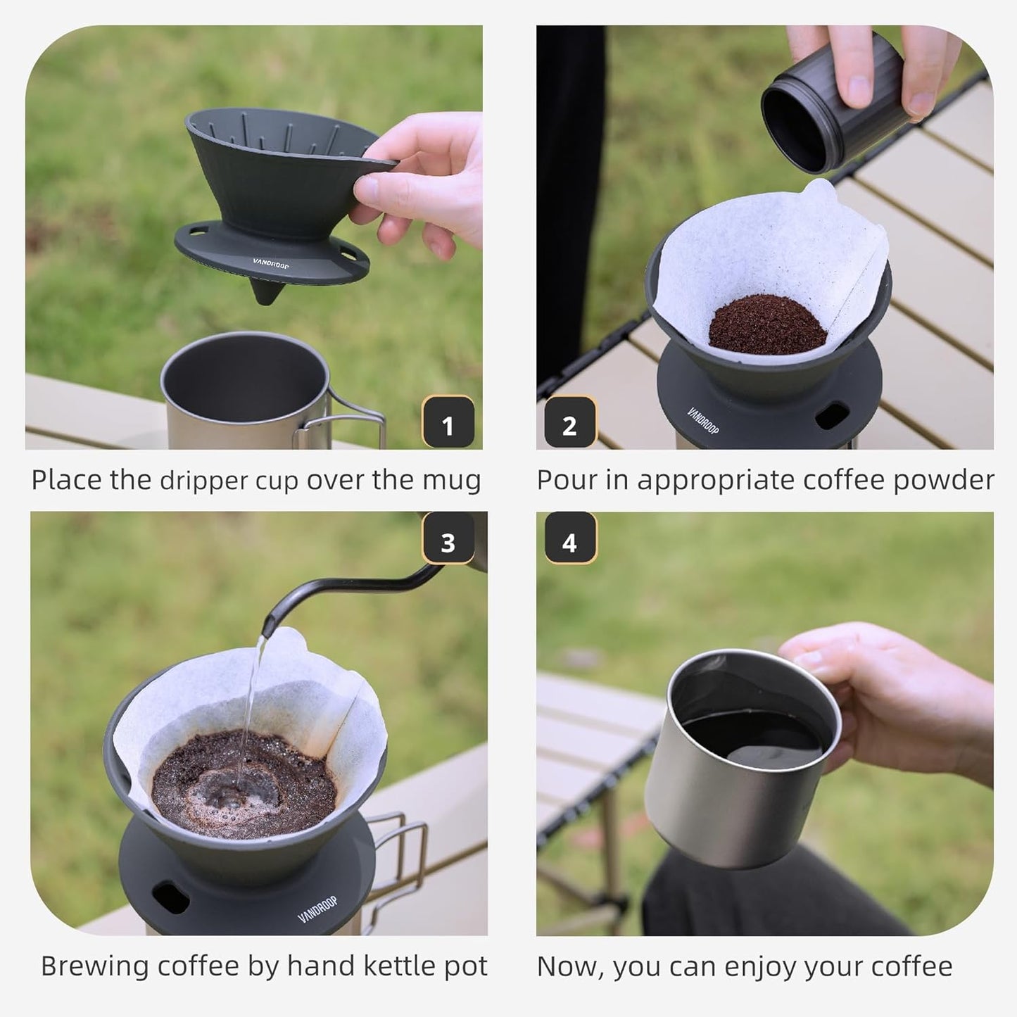 Collapsible Pour Over Coffee Dripper, Reusable Silicone Pour Over Coffee Maker for Camping, Travel&Home, Portable Single Clever Coffee Dripper with 10 V60 Filter Papers #02(Grey, 2-3 Cup)
