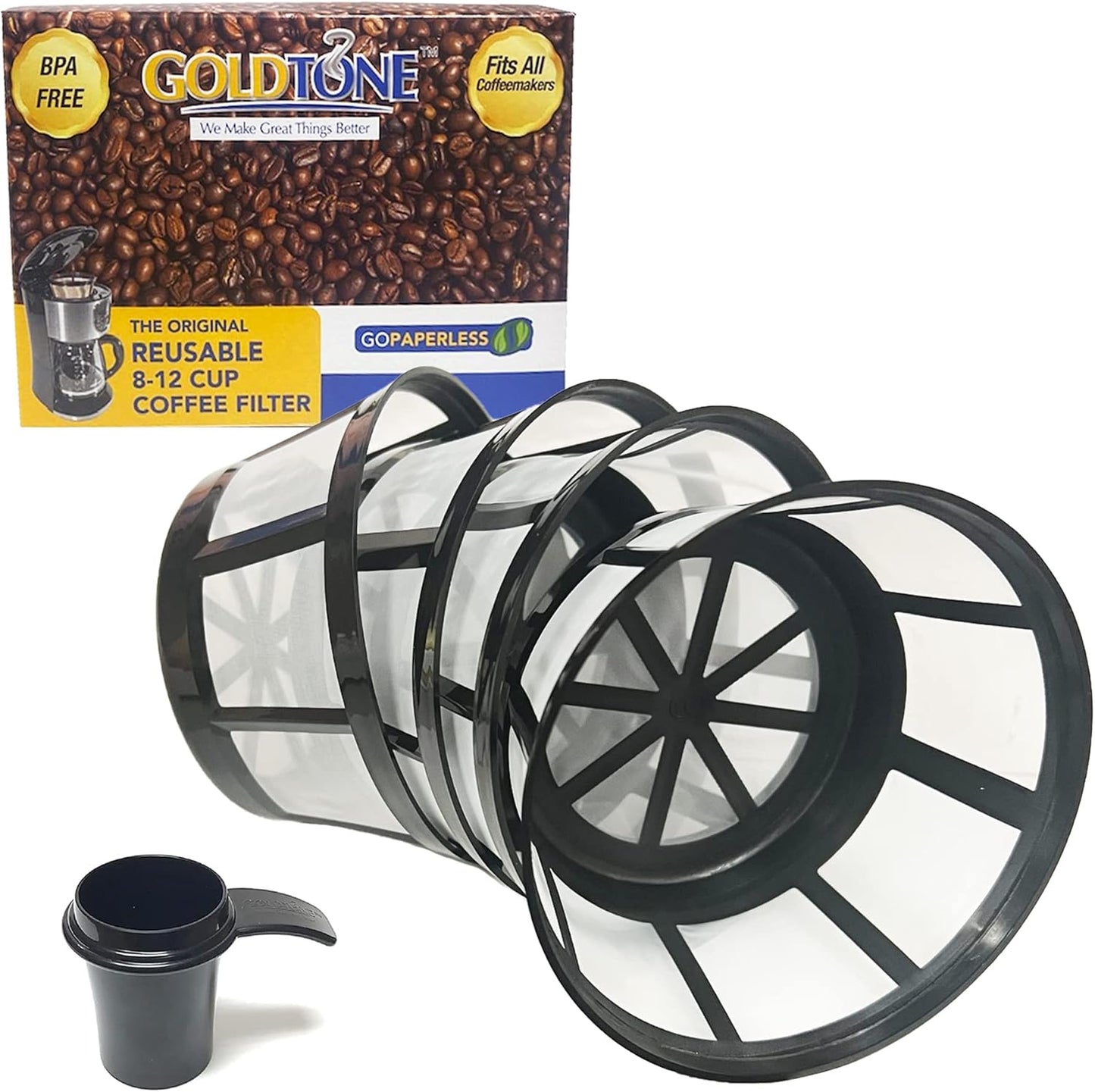 GoldTone Brand Reusable 8-12 Cup Basket Filter | Reusable Basket Coffee Filter Nylon Mesh fits Mr. Coffee, Black + Decker, Proctor Silex (4 Pack)