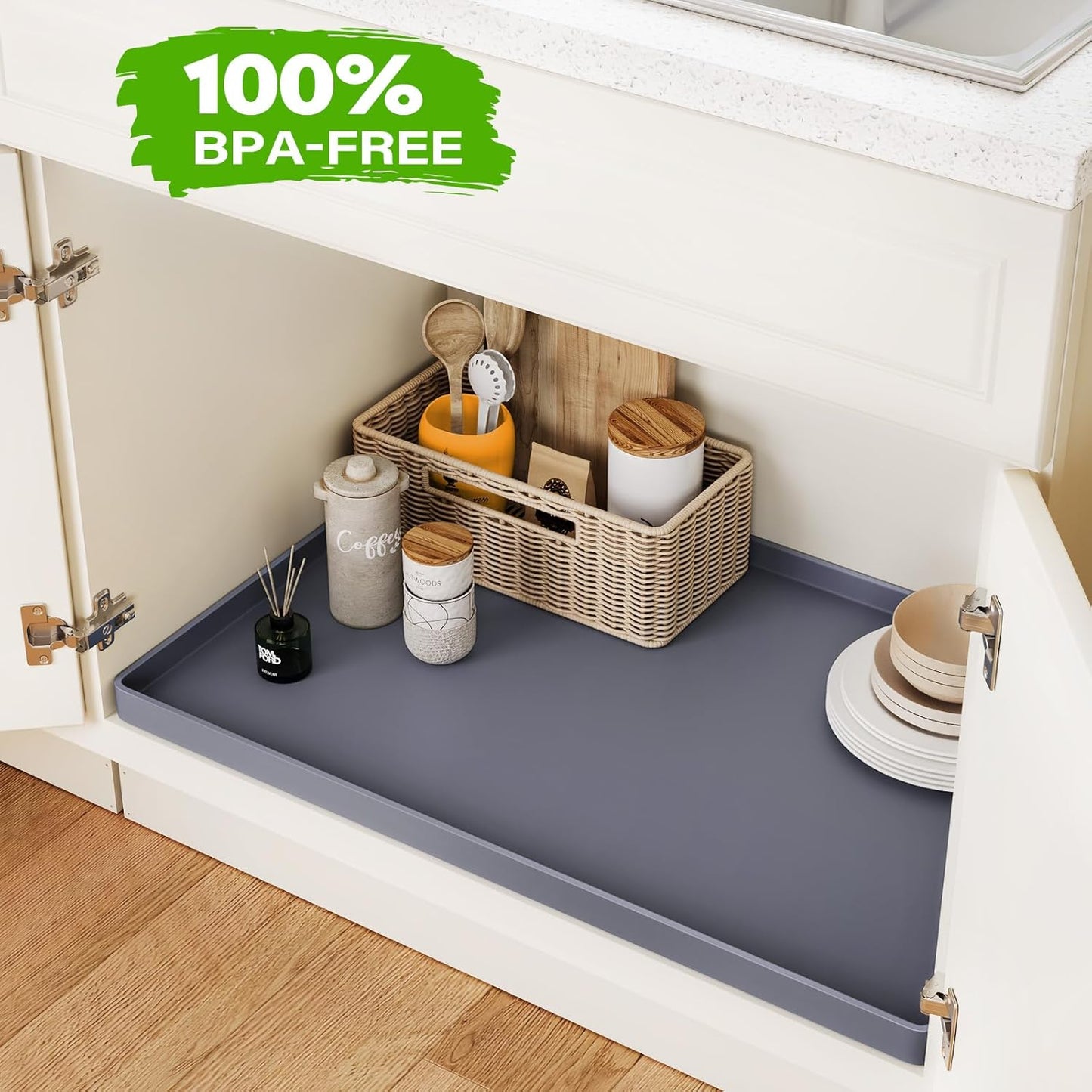 FLATO Waterproof Under Sink Mat 40" x 19" Shelf Liner for Kitchen and Bathroom, Cabinet Protector, Organizers and Storage, Flexible Silicone Drip Tray