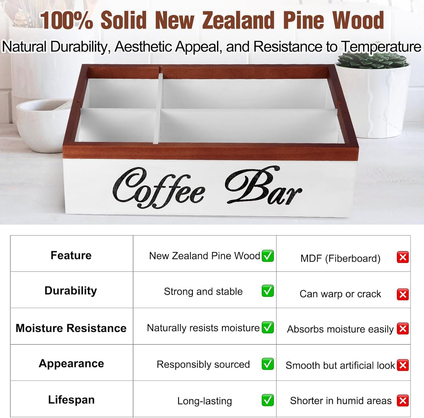 Wooden Coffee Organizer Holder with Divided Sections & Cutout Handle, Farmhouse Coffee Bar Organizer for Pods, Cups, Lids, Syrups, Stirrers & Accessories – Ideal Gift for Home or Office-White