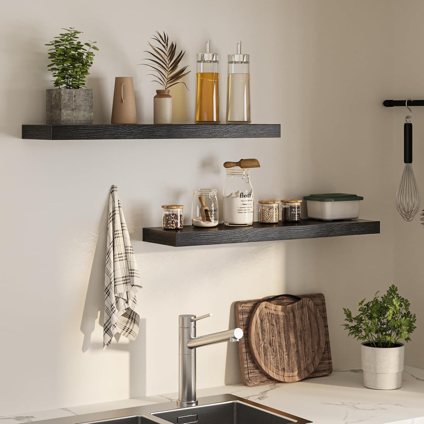 Floating Shelves for Wall, 36" W x 8" D x 1.5" H, Wooden Wall Mounted Display Shelves with Invisible Brackets for Living Room, Bedroom, Bathroom, Kitchen Decor and Storage, Set of 2, Black