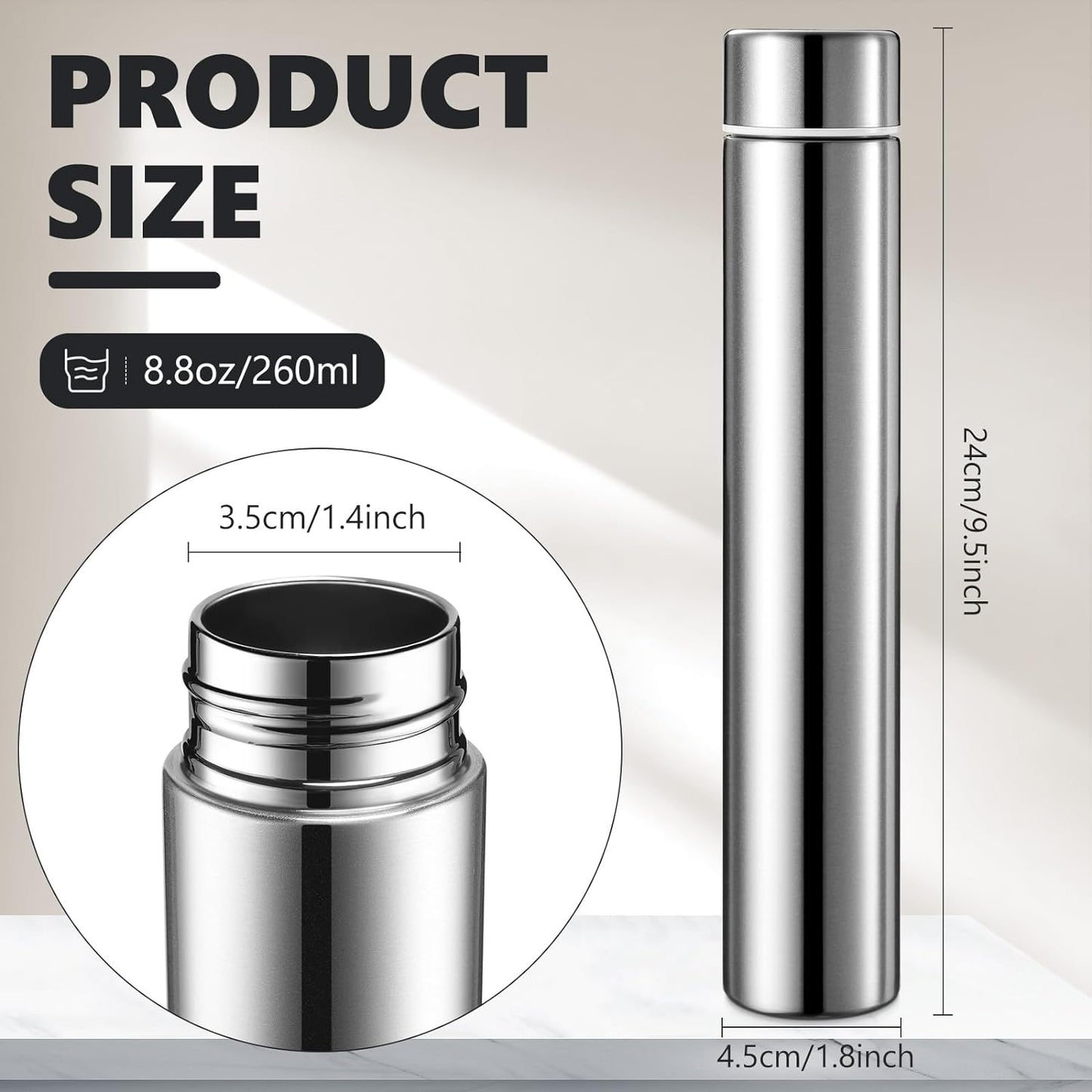 Vesici Slim Water Bottle 8.8 oz Small Stainless Steel Purse Compact Insulated Water Bottles Camping Travel Backpack Pocket Flask for Car Cold Coffee Tea(Silver,1 Pack)