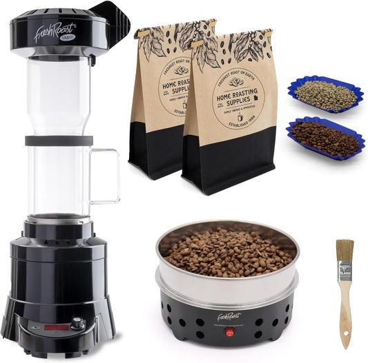 Fresh Roast Coffee Roaster Bundle SR800, Glass Extension Tube, Coffee Bean Cooler, (2 Lbs) Sample Pack of Green Beans, (2- pack) Sample trays