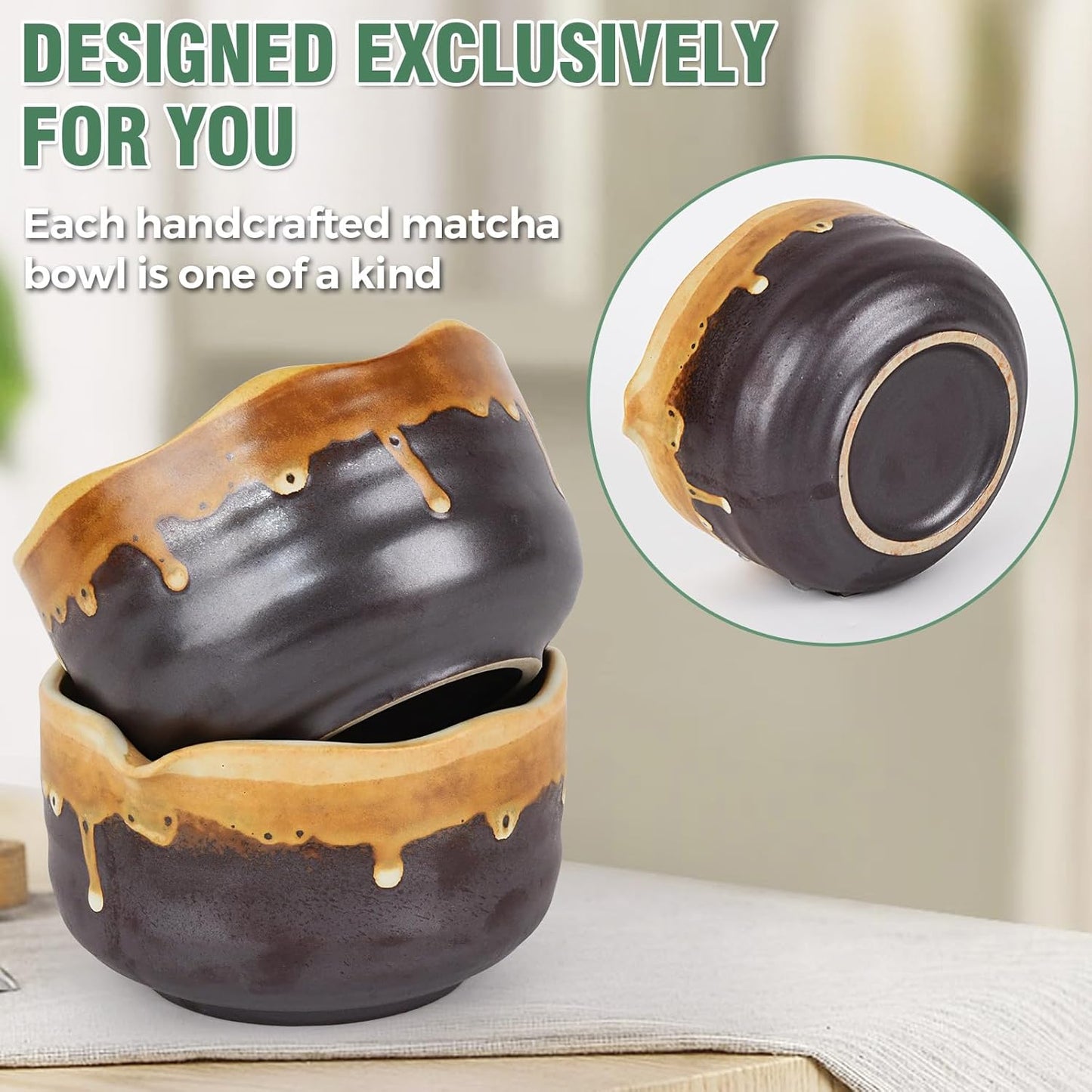 Pottery Matcha Set - Japanese Handcrafted Matcha Tea Bowl Mineral Glaze Bowl with Spout, Bamboo Whisk, Scoop & Chasen Holder | 4pc Tea Ceremony Kit for Matcha Lovers (Coffee Sand)