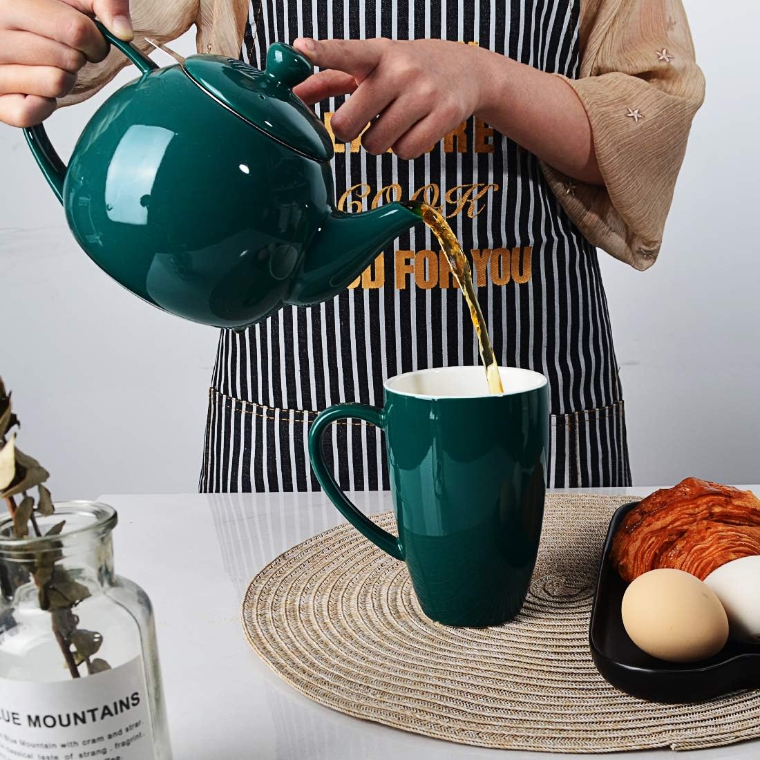 Sweejar Porcelain Teapot with Removable Stainless Steel Infuser,Microwave & Dishwasher Safe Tea Pots for Loose Tea,Tea Infuser Pots for Chrismas Women Gift (30oz Jade)