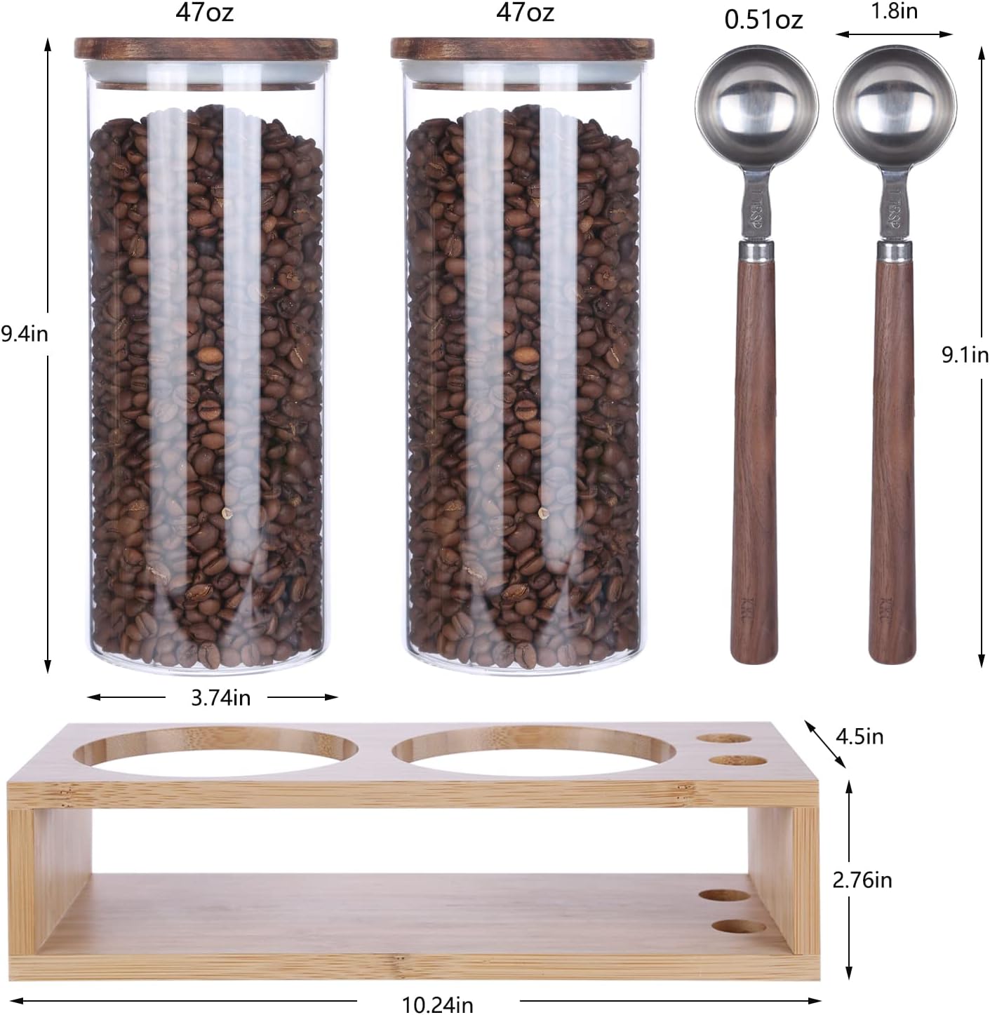 KKC HOME ACCENTS Clear Glass Food Storage Canisters with Airtight Wooden Lids and Scoops,Air Tight Sealed Glass Canisters with Spoons for Ground Coffee and Beans,Loose Tea,Flour,Sugar,47 Fl oz