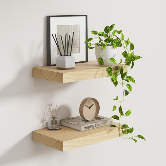 Fun Memories Deep Floating Shelves 16 Inch Long, Natural Wood Floating Shelf for Wall, Set of 2, Rustic 9 Inch Deep Wall Shelves, Deep Bathroom Shelves for Storage & Display, Burlywood