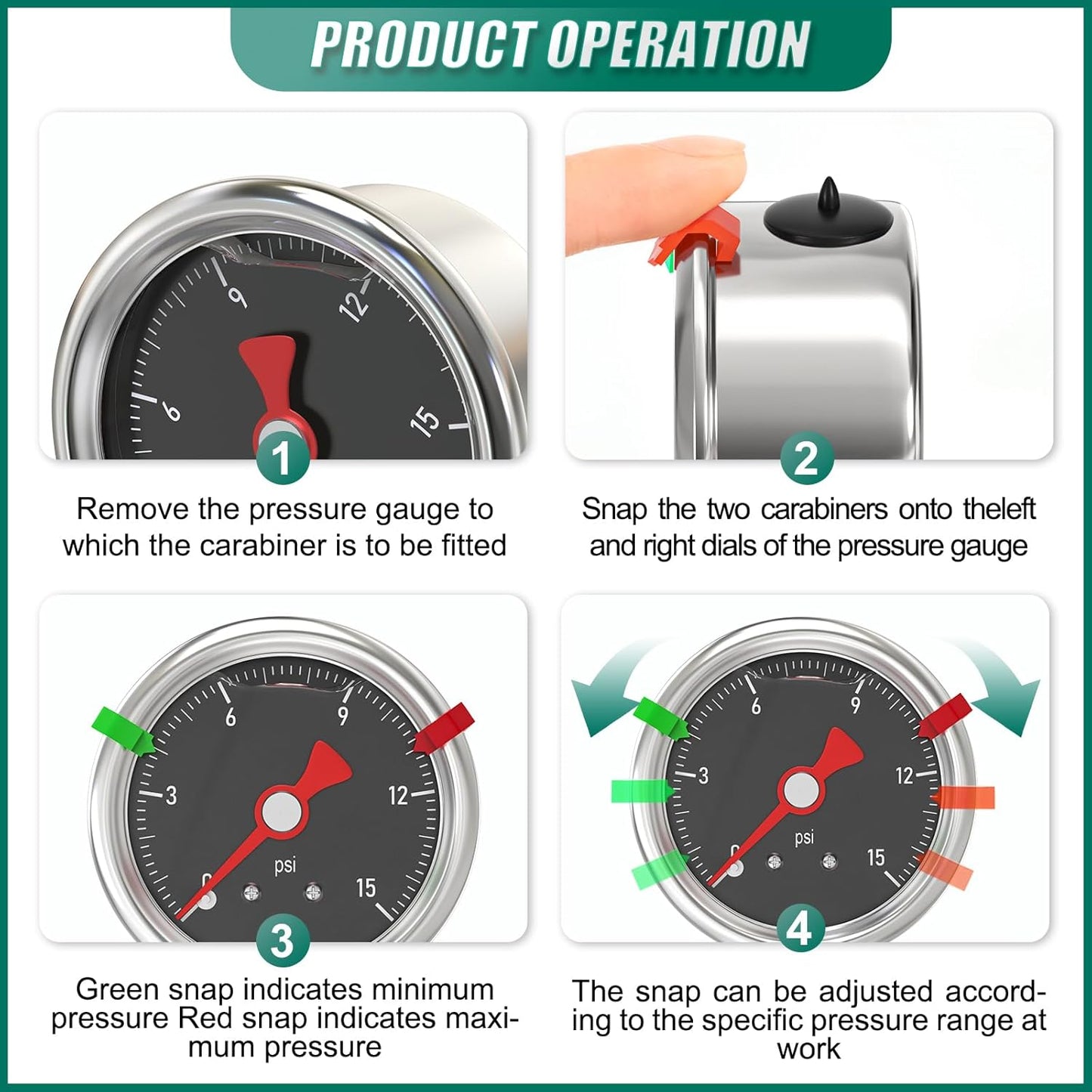 0-15PSI Stainless Steel Glycerin Filled Pressure Gauge 1.5" Black Dial Size, 1/8" NPT Lower Mount, for Tube, Water Pump, Gas, Liquid, Pressure Test (with Range Mark Pointer)