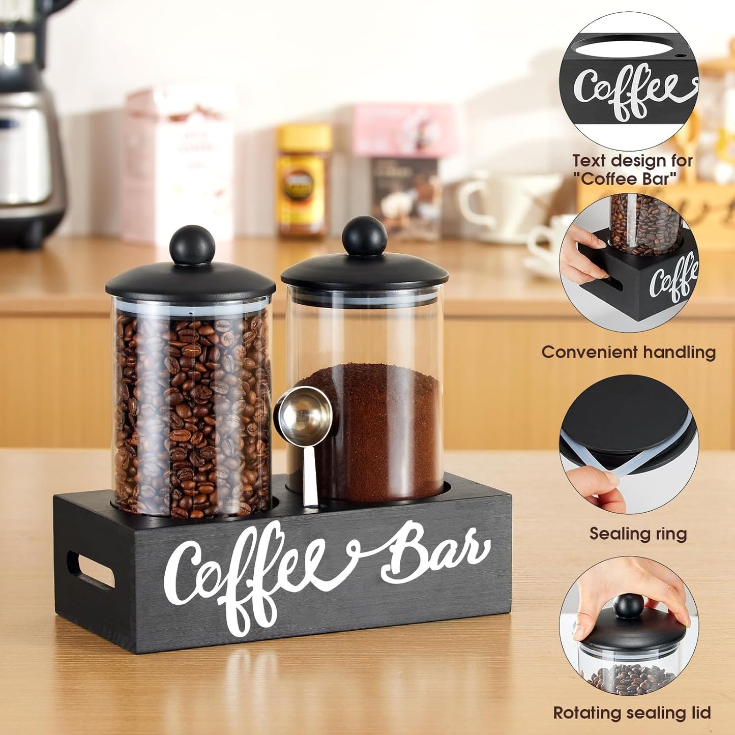 Yangbaga Glass Sugar Coffee Canister for Ground Coffee,2×55OZ Coffee Containers with Handle Shelf Coffee Bar Station Accessories Organizer Decor,Food Storage Jars with Iron Coffee Scoop for Kitchen