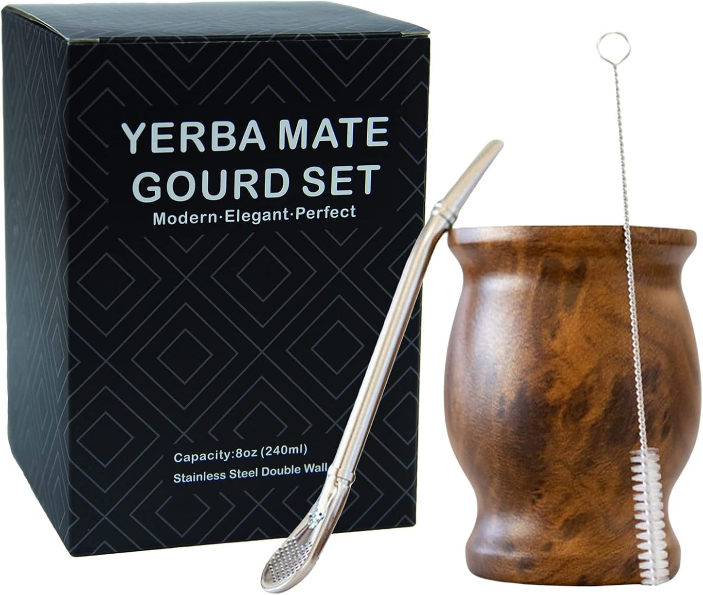 LA FEE Yerba Mate Natural Gourd/Tea Cup Set Brown (Original Traditional Mate Cup - 8 Ounces)，Includes Yerba Mate Straw & Cleaning Brush，Stainless Steel | Double-Walled | Easy to Clean (Brown)