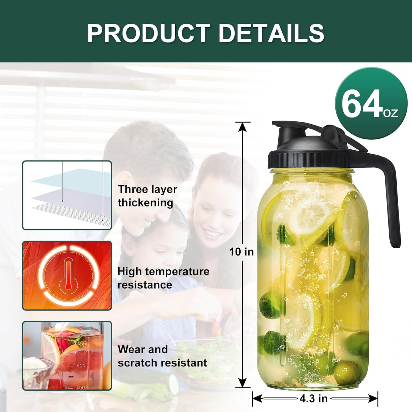 Glass Mason Jars Pitcher 64 Oz Pour Spout Lids & Handle (2 Pack) Wide Mouth Airtight Leak Proof Fridge Breast Milk Pitcher With Top Flip Cap 2 Quart Water Jug For Cold Brew Coffee, Iced Tea,