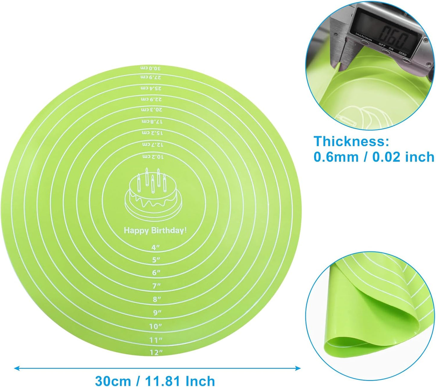Hitefu 12 Inch Round Silicone Cake Mat, Silicone Baking Mat with Measurement for Cake Turntable & Rolling Dough (Green)