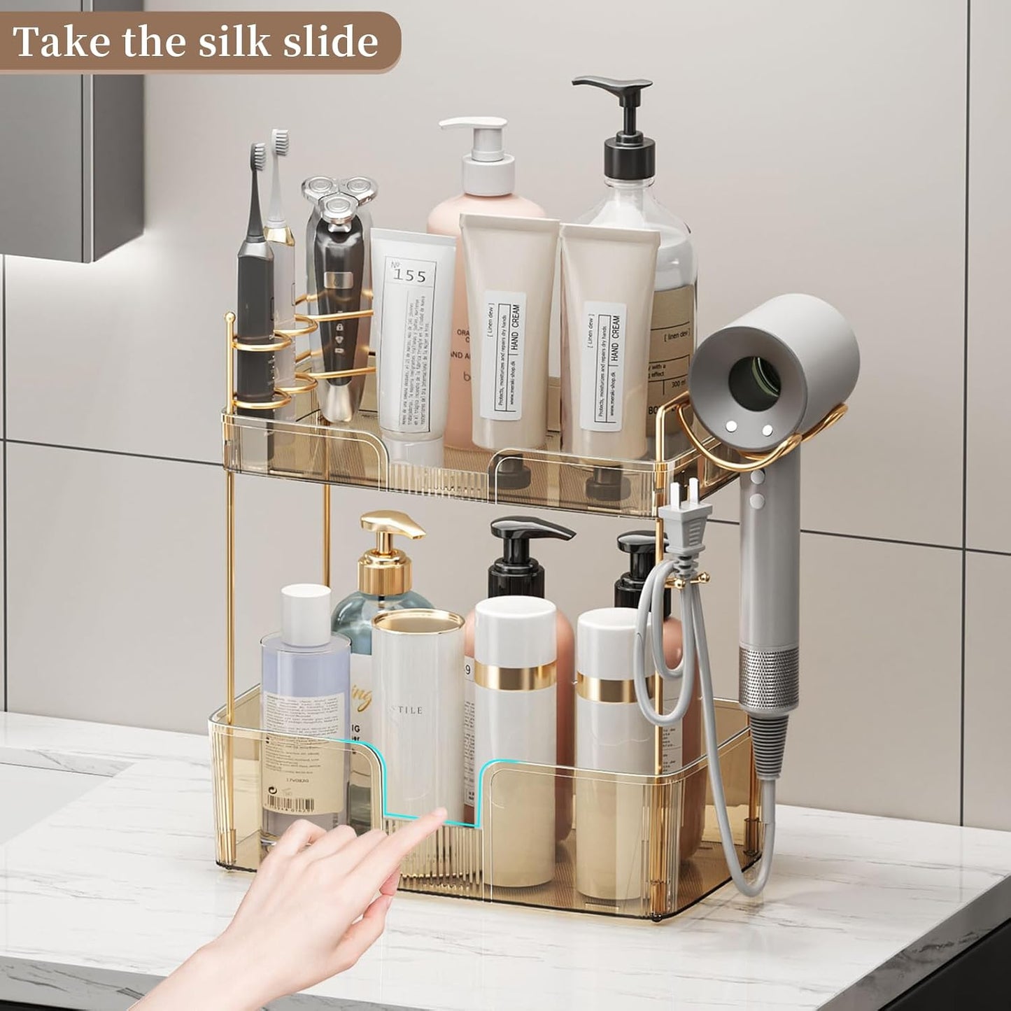 YCIA&DONE Bathroom Counter Organizer, Large Makeup Organizer Countertop, Shelf Storage, Vanity Tray, Easily Assemble for Bathroom Organizers and Storage, Undersink, Cabinet,2 Tiers Amber