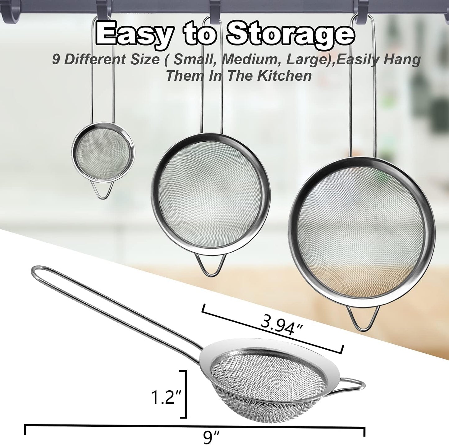 Anaeat Fine Mesh Strainers - Premium Stainless Steel Colander Sieve Sifters, with Durable Mesh and Sturdy Handle, Excellent for Sifting Dry ingredients, Flour, Pastas, Rice, Tea (3.94"）