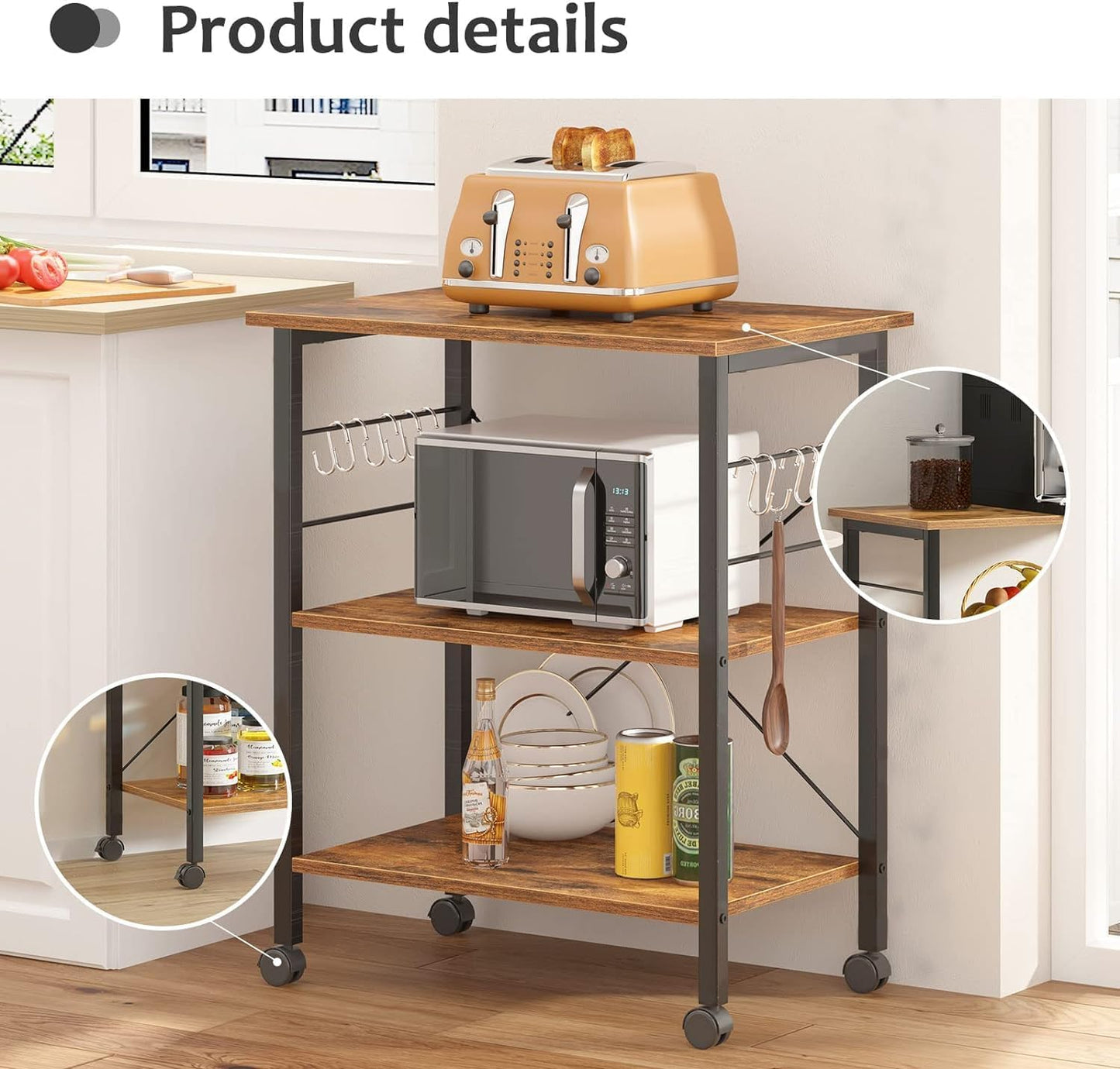 DlandHome Microwave Cart Stand 23.6 inches, 3-Tier Kitchen Baker's Rack Utility Storage Shelf Microwave Stand for Kitchen Organizer Workstation Shelf (Retro)