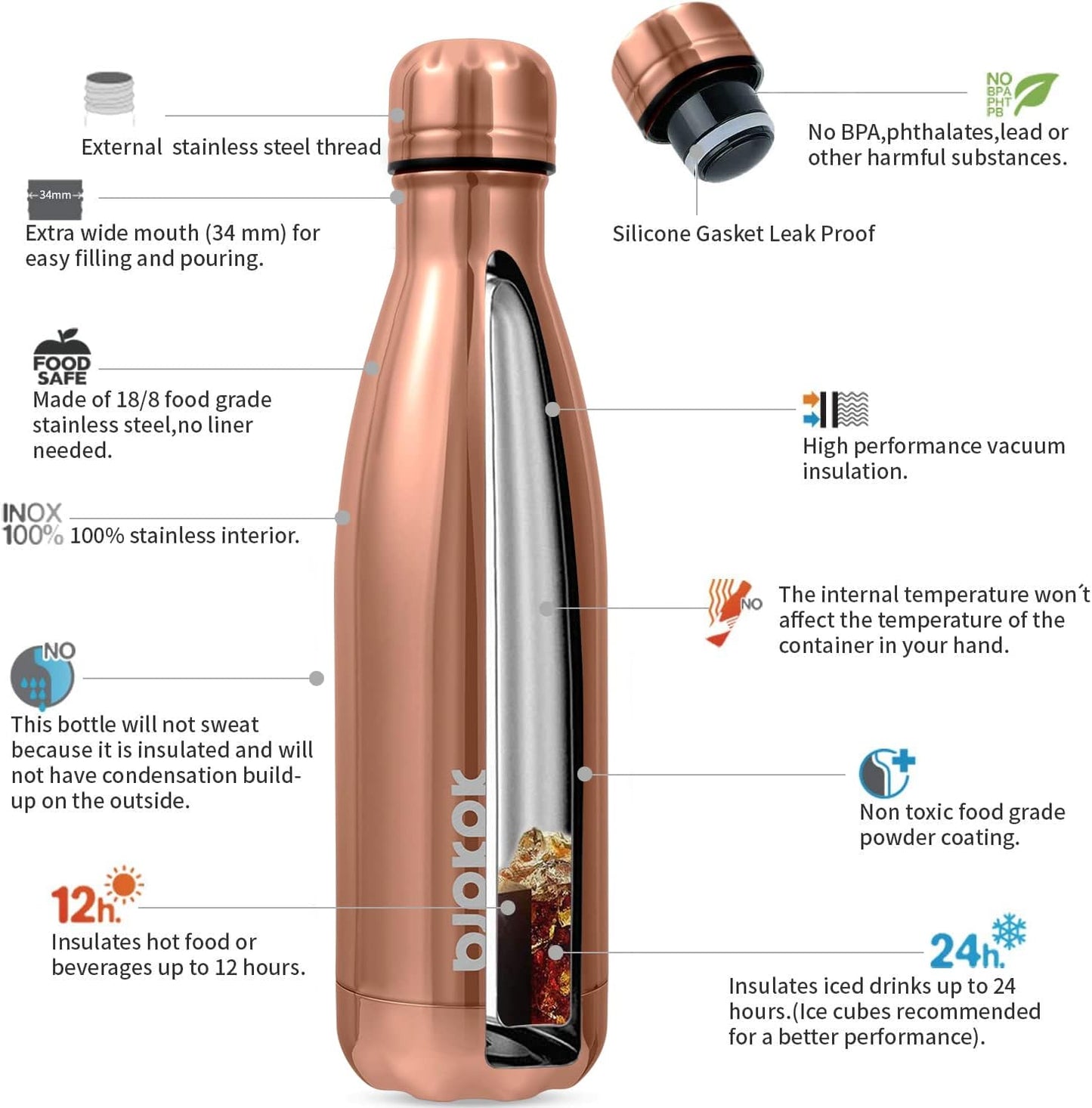 BJPKPK Stainless Steel Water Bottles 17oz Insulated Water Bottle Keep Cold And Hot, Shining Rose Gold