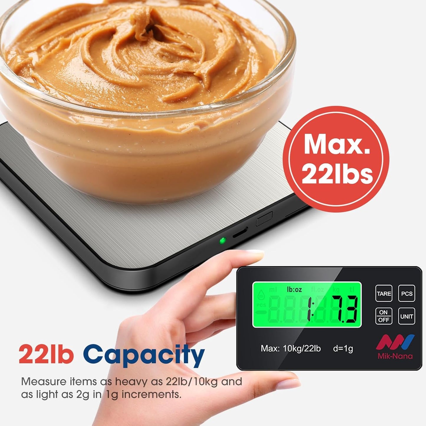 Mik-Nana Food Scale, 22lb Digital Kitchen Scale with 7 Units Wireless LCD Display & Tare Function, Stainless Steel Weight Grams and Ounces for Baking, Cooking and Meal Prep (Batteries Included)
