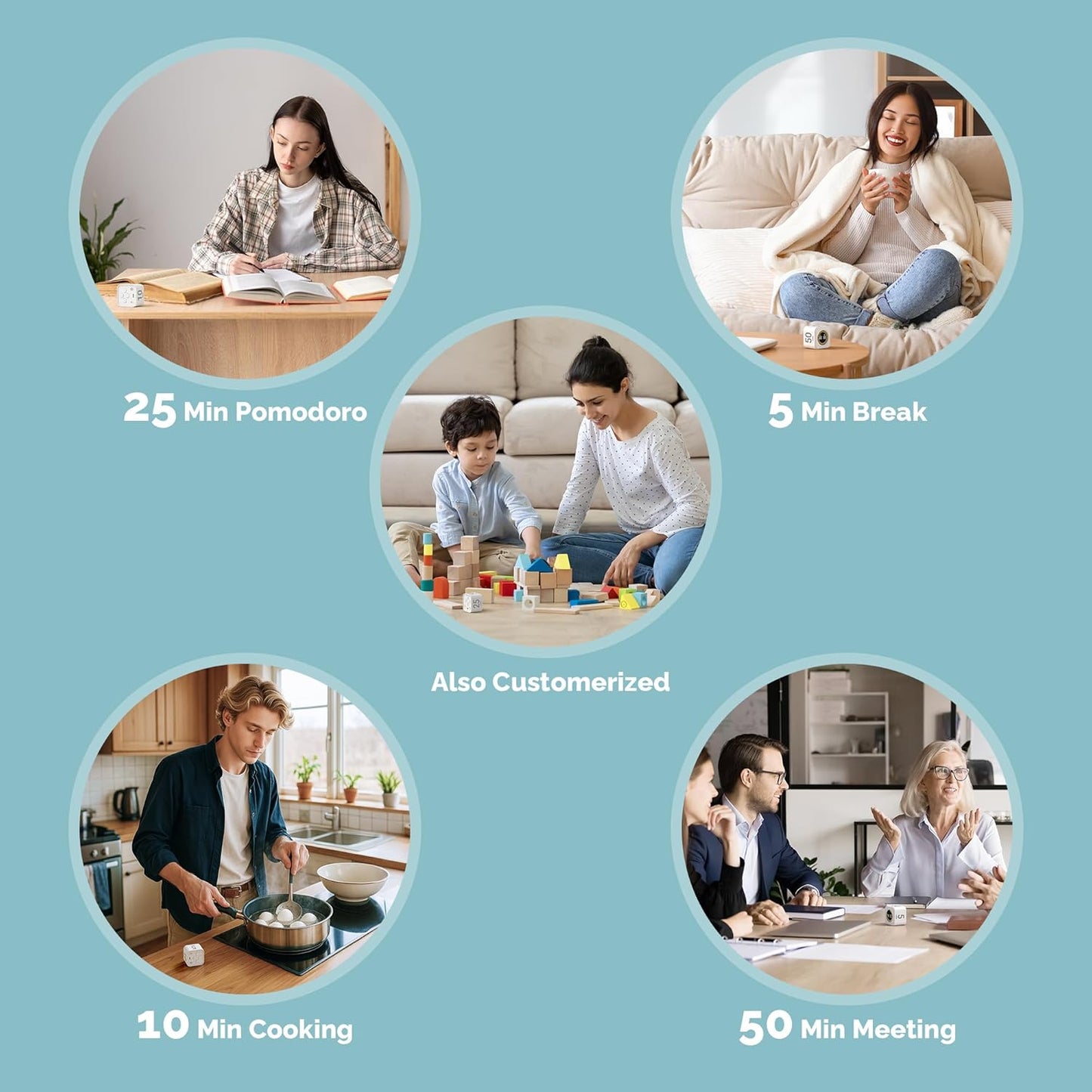 KADAMS Pomodoro Cube Timer Productivity Visual Timer - 5/10/25/50 Min Rotating Countdown, Customize Countup Silent Mode- for Work Study Cook Workout Kitchen Back to School Classroom (White)