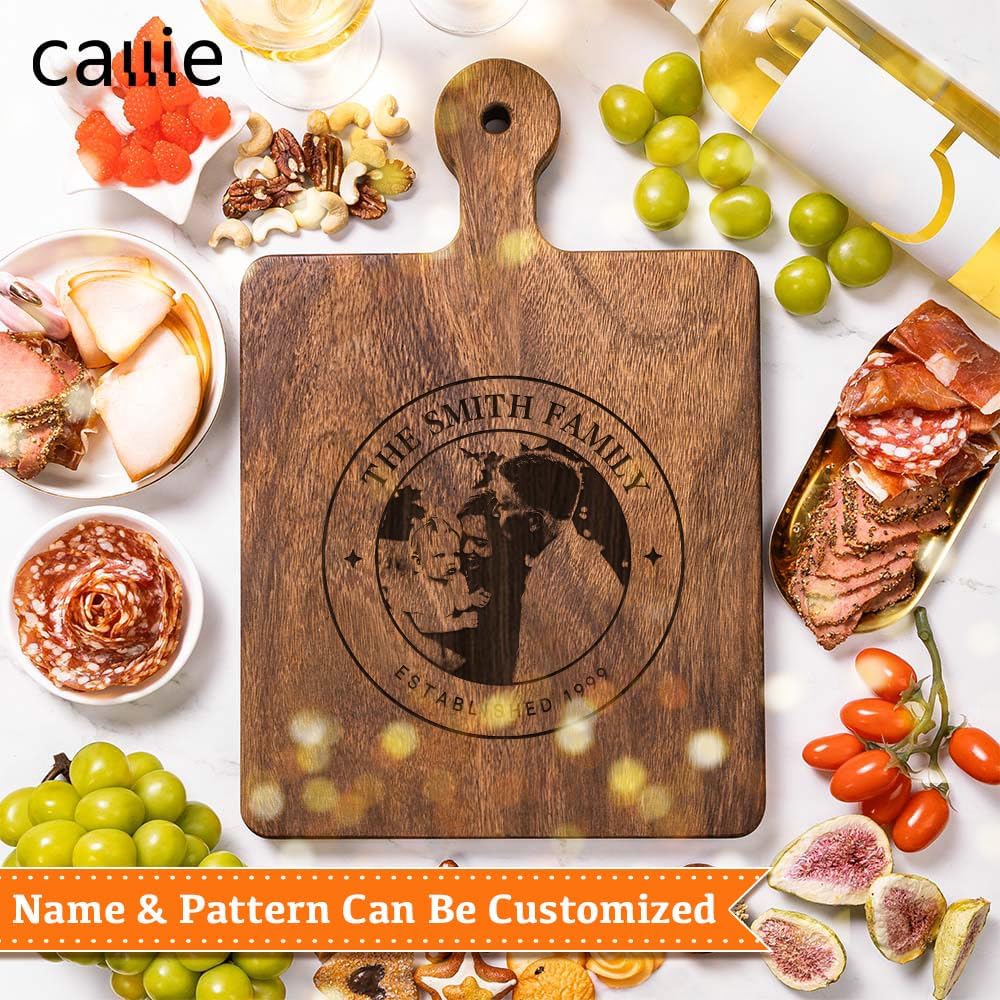 callie Personalized Cutting Board with Photo & Text & Date, Wooden Cutting Board Cheese Serving Tray with Handle, Housewarming Gifts (S, M, L)
