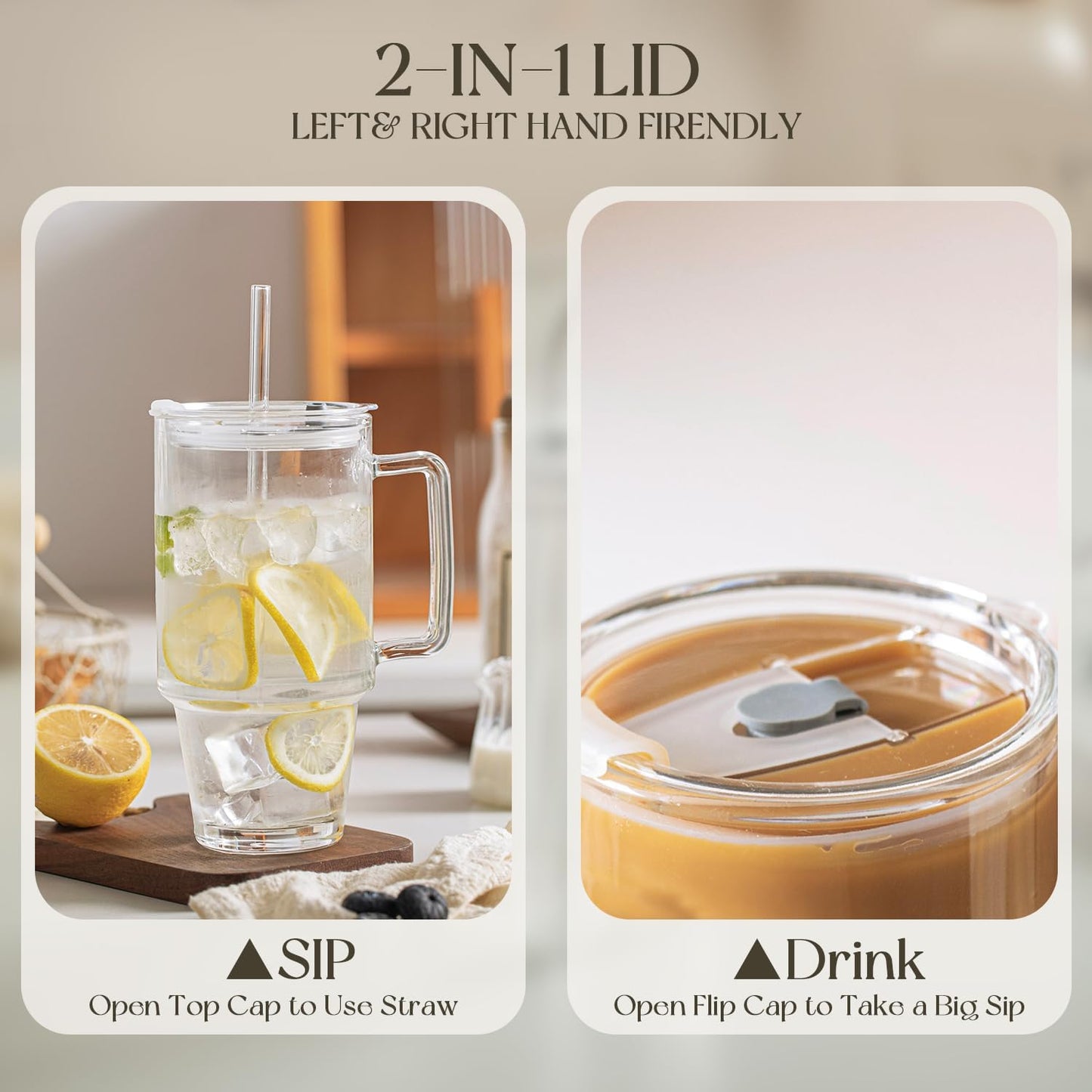 KEMORELA 24oz Glass Tumbler with Handle & Lid - Reusable Glass Cup with Straw for Iced Coffee, Smoothie & Water - Clear Drinking Glasses, To-Go Travel Drinkware (1)