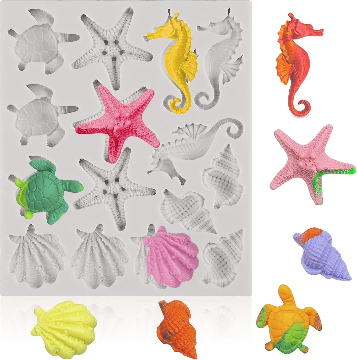 Sakolla Marine Theme Fondant Silicone Molds, Seashell, Conch, Seahorse, Starfish, Tortoise Silicone Mold for Cake Decoration, Chocolate Candy Sugar Craft
